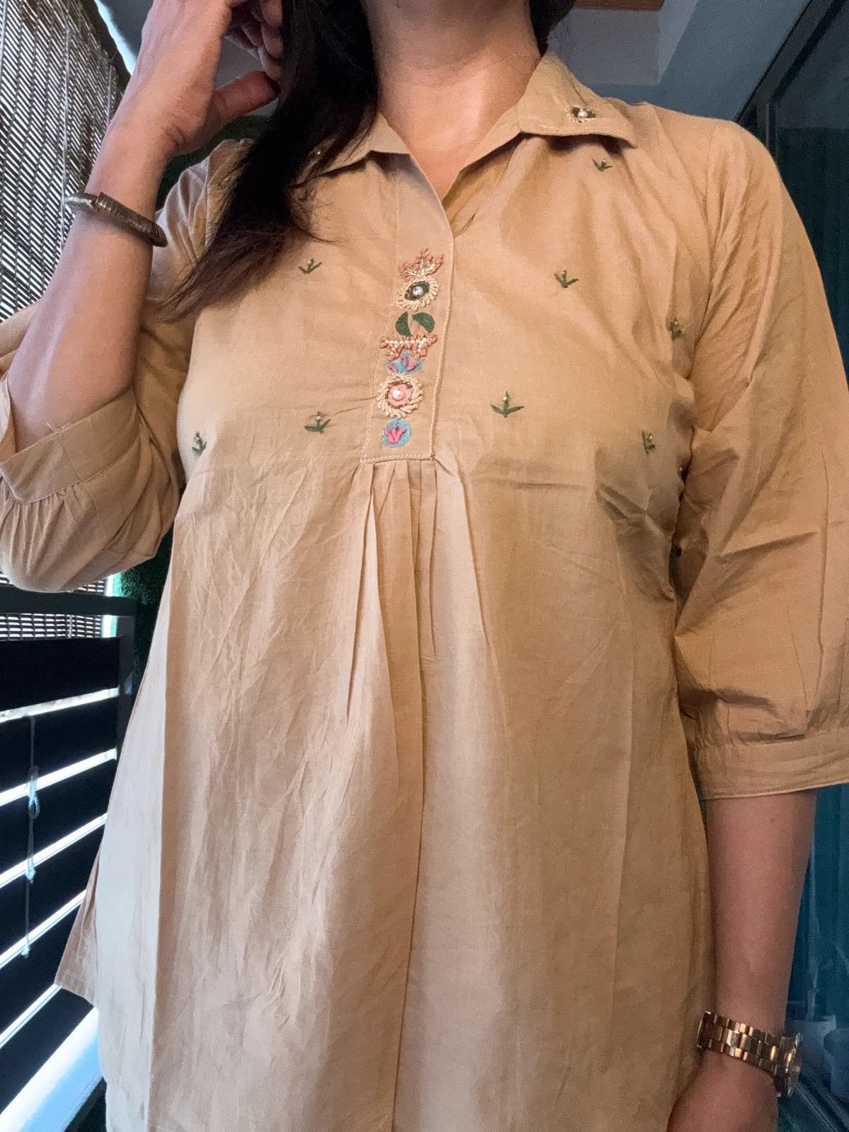 Ecru Beige - Yoke Thread Embroidery work Co-Ord Set | Soft Cotton