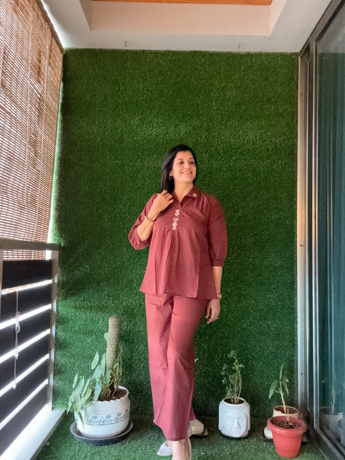 Chocolate Brown Yoke Thread Embroidery Co-Ord Set | Soft Cotton