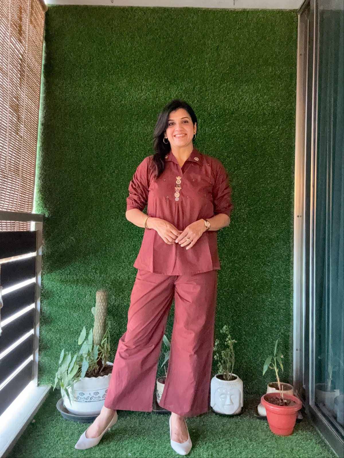 Chocolate Brown Yoke Thread Embroidery Co-Ord Set | Soft Cotton