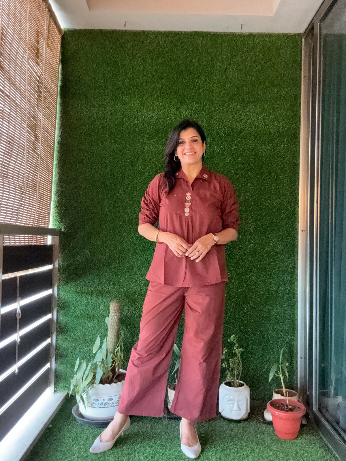 Chocolate Brown Yoke Thread Embroidery Co-Ord Set | Soft Cotton