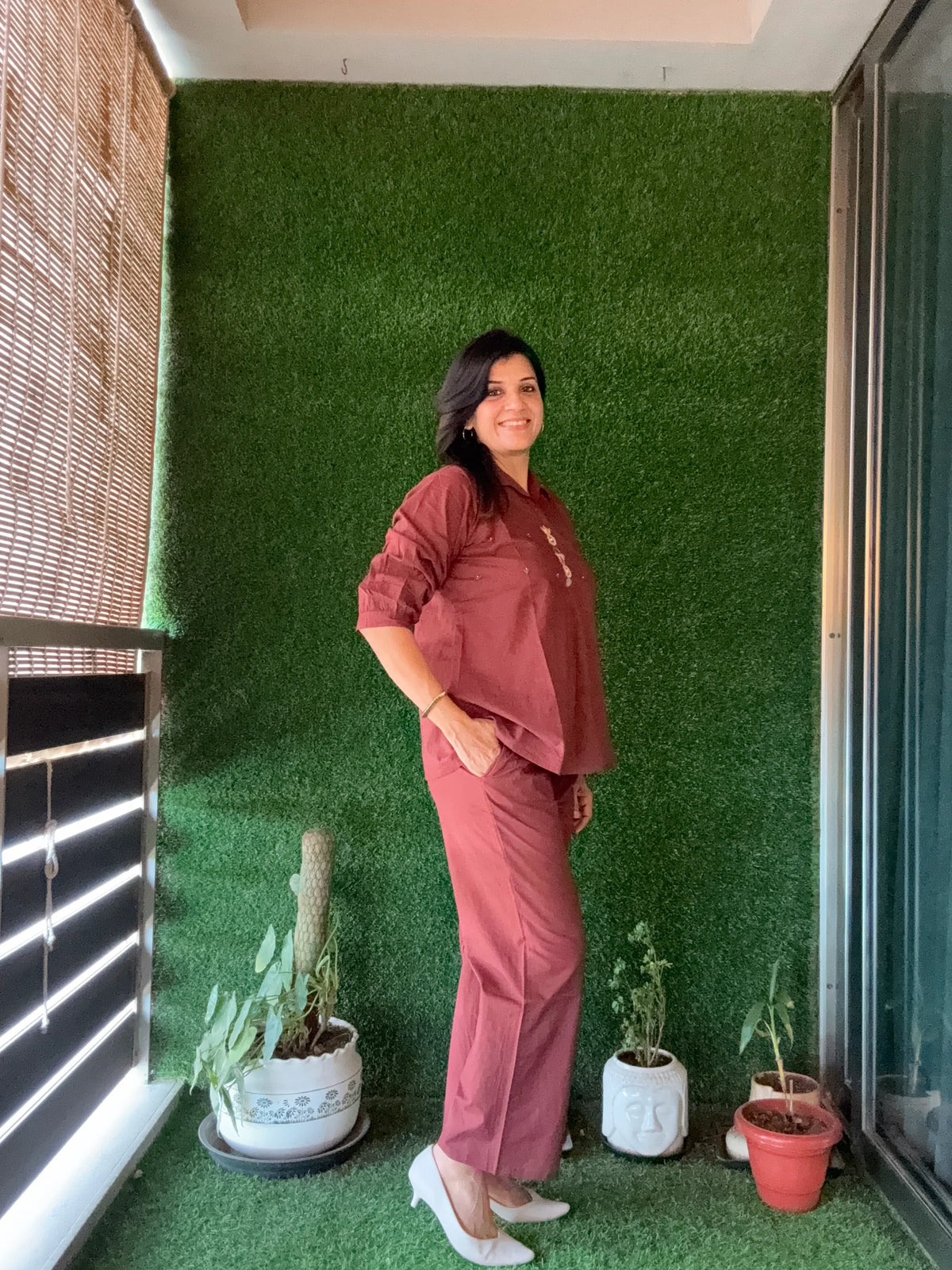 Chocolate Brown Yoke Thread Embroidery Co-Ord Set | Soft Cotton