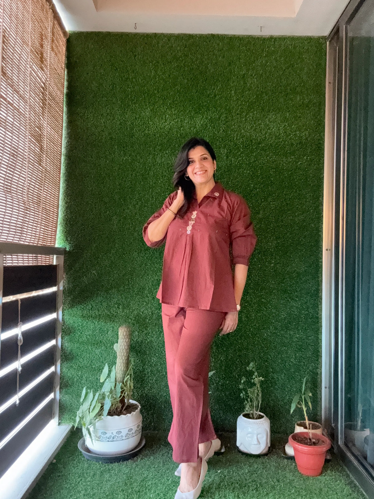 Chocolate Brown Yoke Thread Embroidery Co-Ord Set | Soft Cotton
