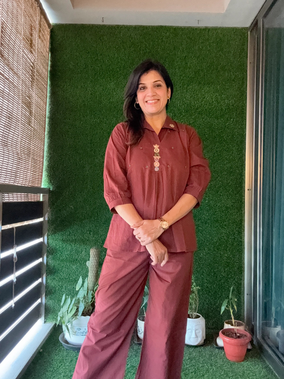 Chocolate Brown Yoke Thread Embroidery Co-Ord Set | Soft Cotton