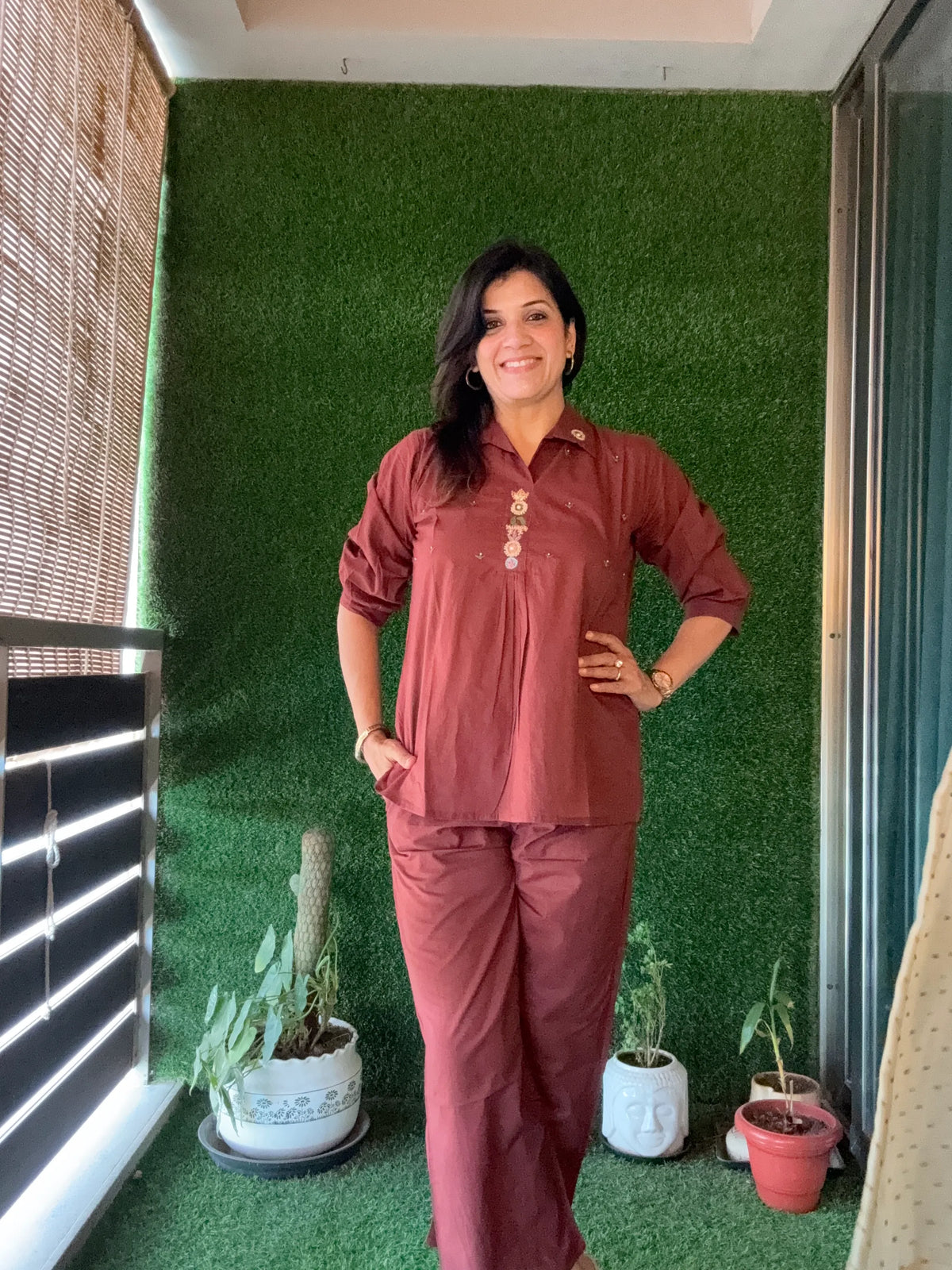 Chocolate Brown Yoke Thread Embroidery Co-Ord Set | Soft Cotton