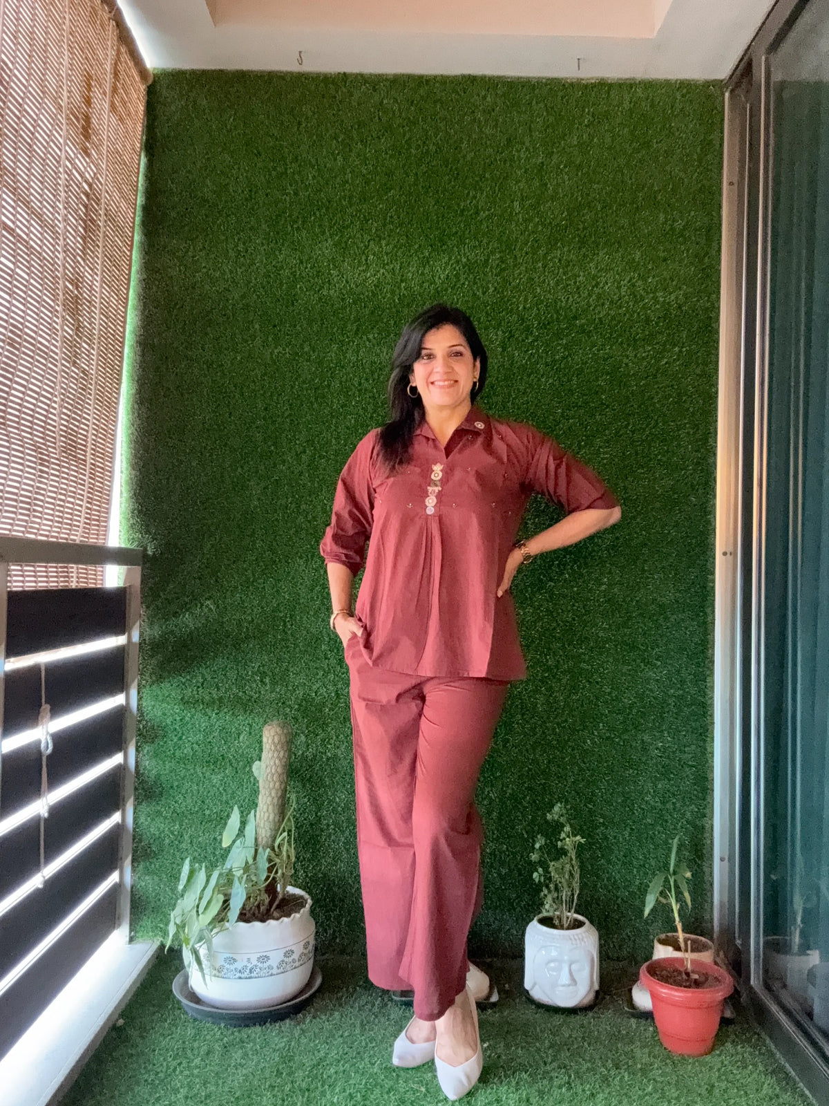 Chocolate Brown Yoke Thread Embroidery Co-Ord Set | Soft Cotton
