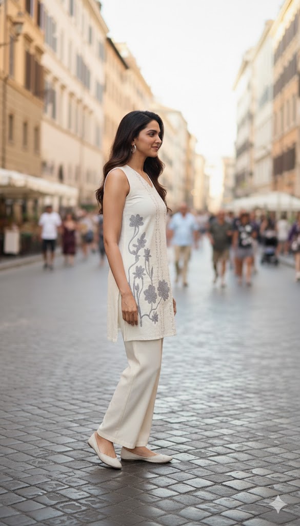 Off White Sleeveless Co-ord Set | Floral Dori Embroidery Flex Cotton Ethnic Wear