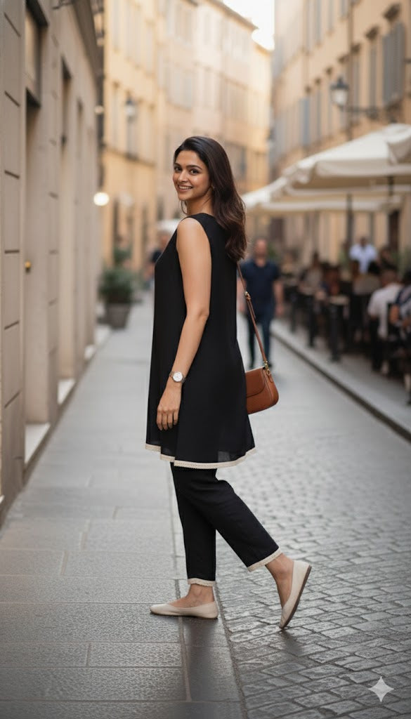 Black Dora Dori Sleeveless Tunic with Trousers Co-ord Set
