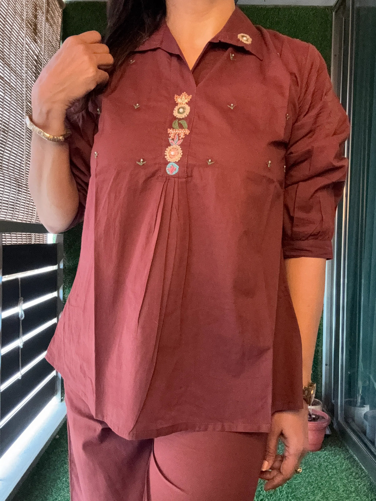 Chocolate Brown Yoke Thread Embroidery Co-Ord Set | Soft Cotton