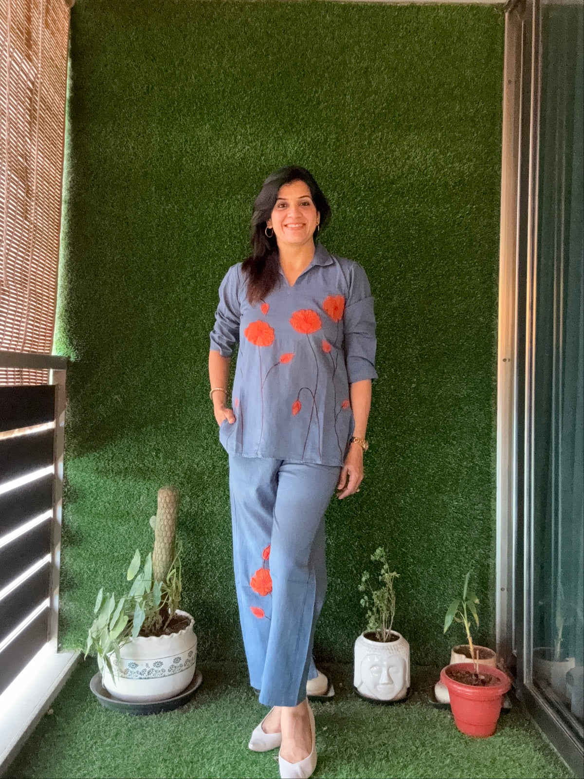 Blue-Grey Floral Appliqué work - Co-Ord Set | Flex Cotton