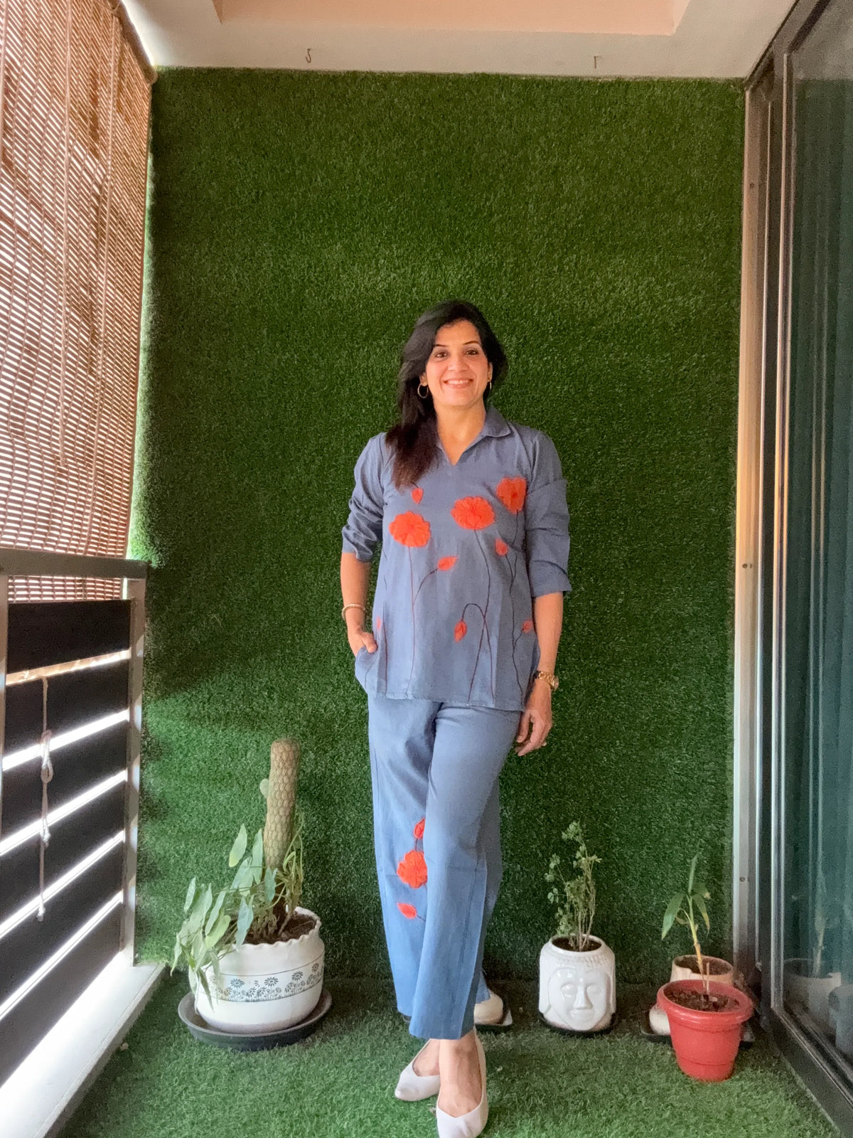 Blue-Grey Floral Appliqué work - Co-Ord Set | Flex Cotton