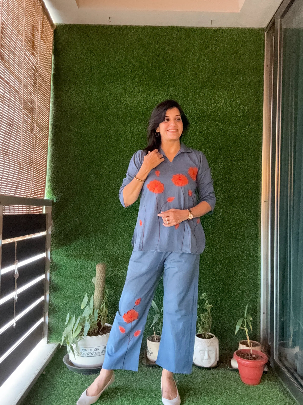Blue-Grey Floral Appliqué work - Co-Ord Set | Flex Cotton