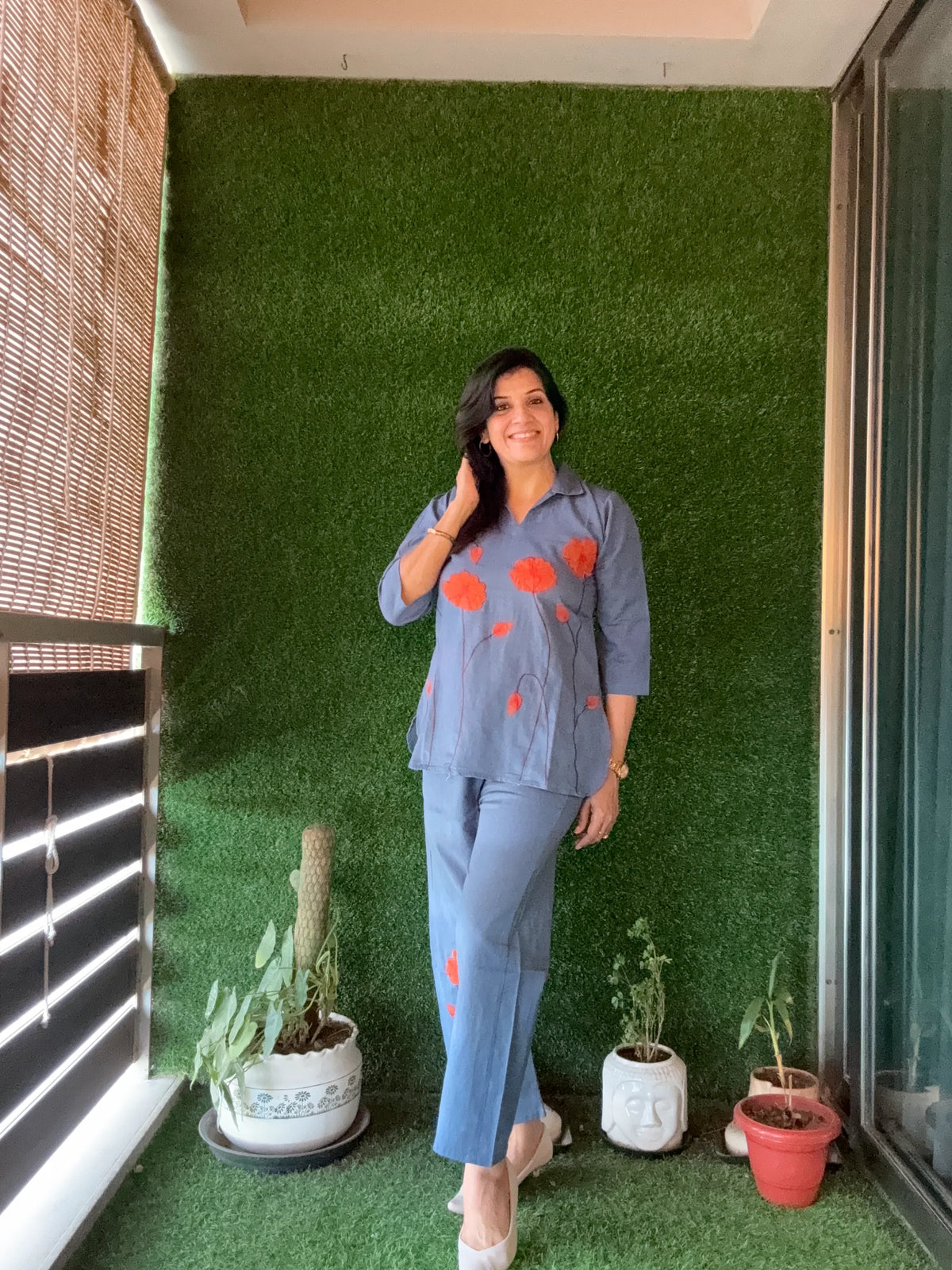 Blue-Grey Floral Appliqué work - Co-Ord Set | Flex Cotton