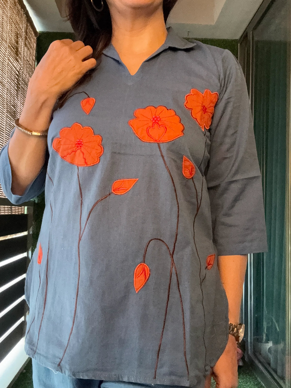 Blue-Grey Floral Appliqué work - Co-Ord Set | Flex Cotton