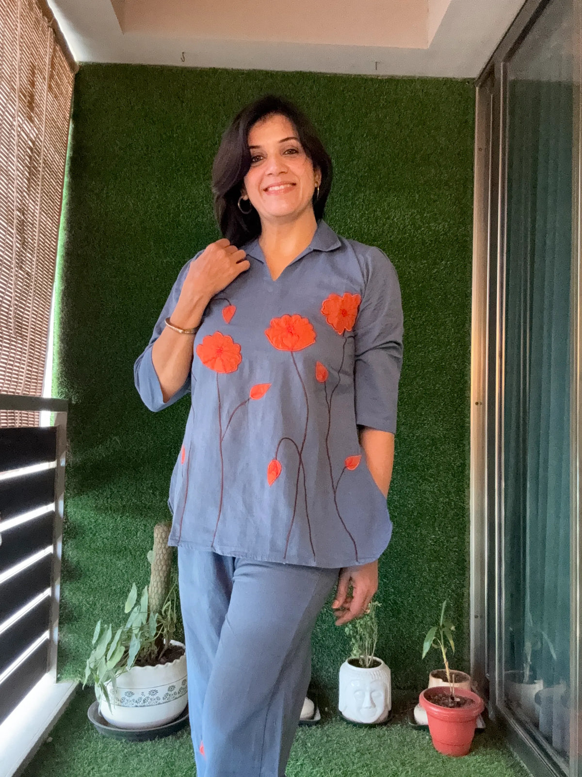 Blue-Grey Floral Appliqué work - Co-Ord Set | Flex Cotton