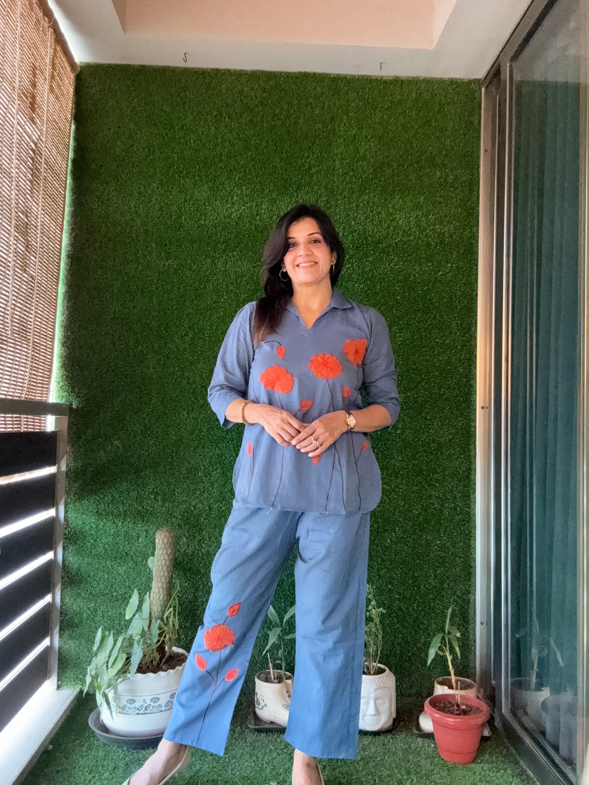 Blue-Grey Floral Appliqué work - Co-Ord Set | Flex Cotton