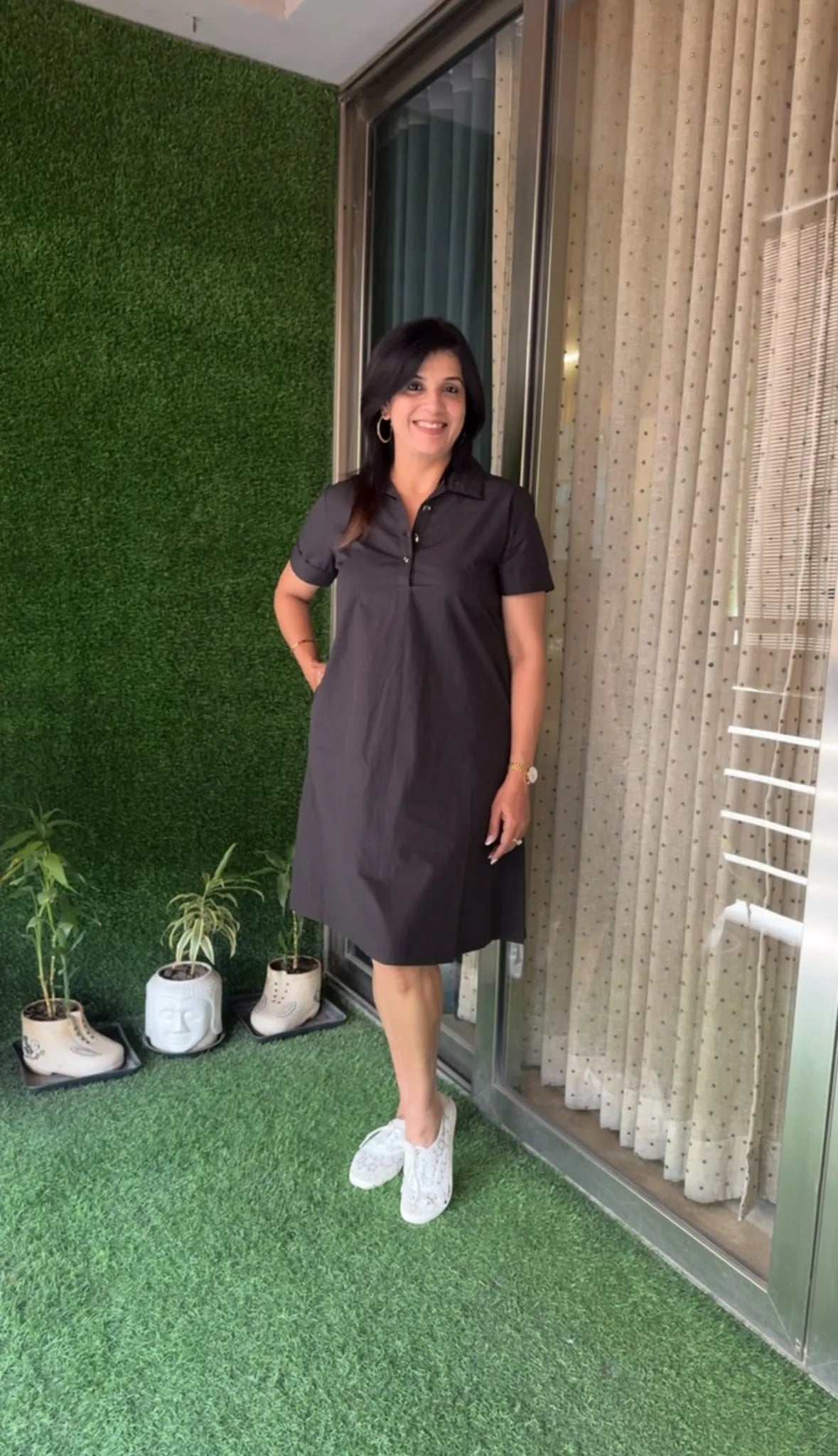 Jet Black Collar Neck Solid One-Piece Dress | Poplin Cotton Casual Wear