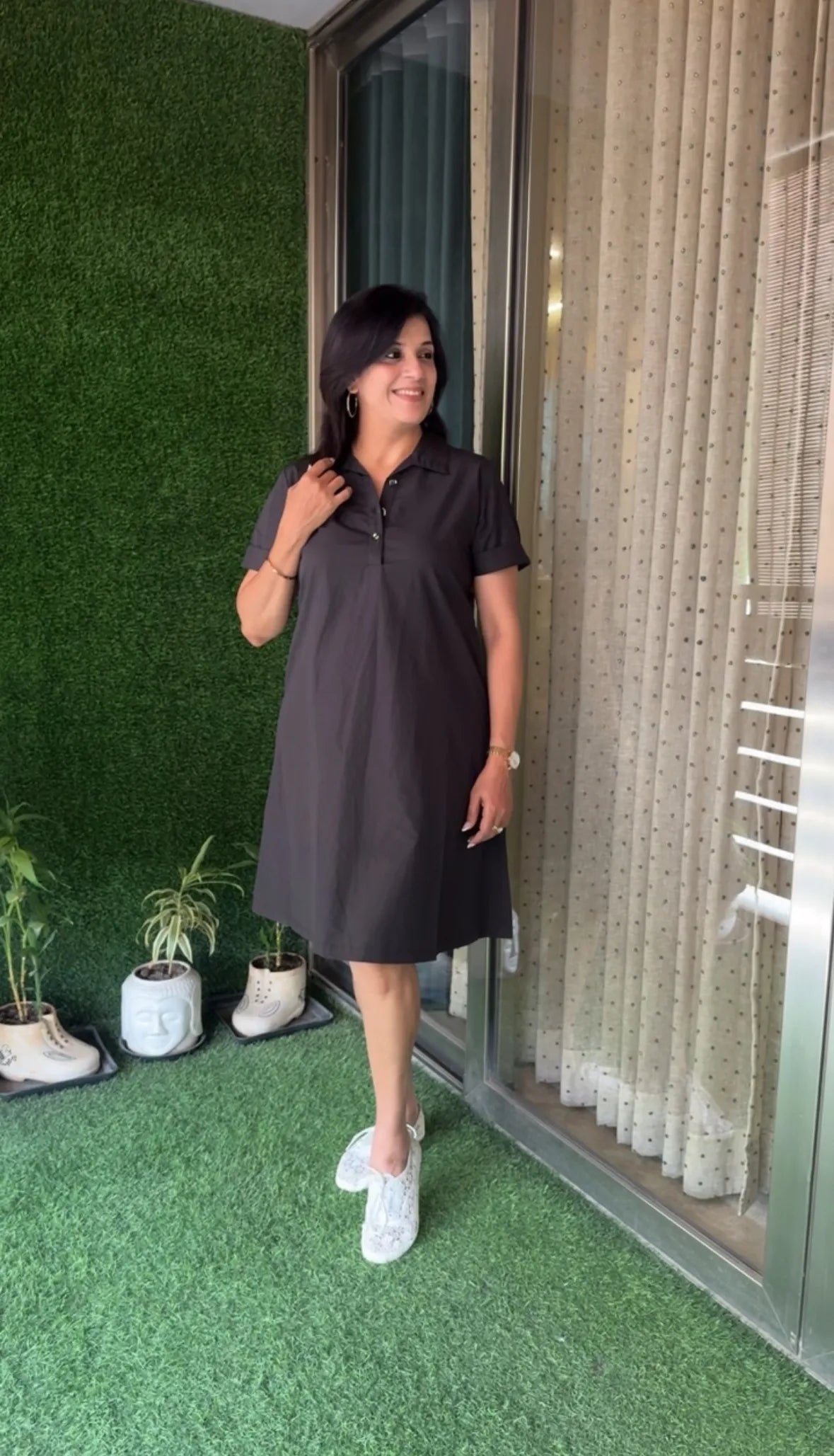 Jet Black Collar Neck Solid One-Piece Dress | Poplin Cotton Casual Wear