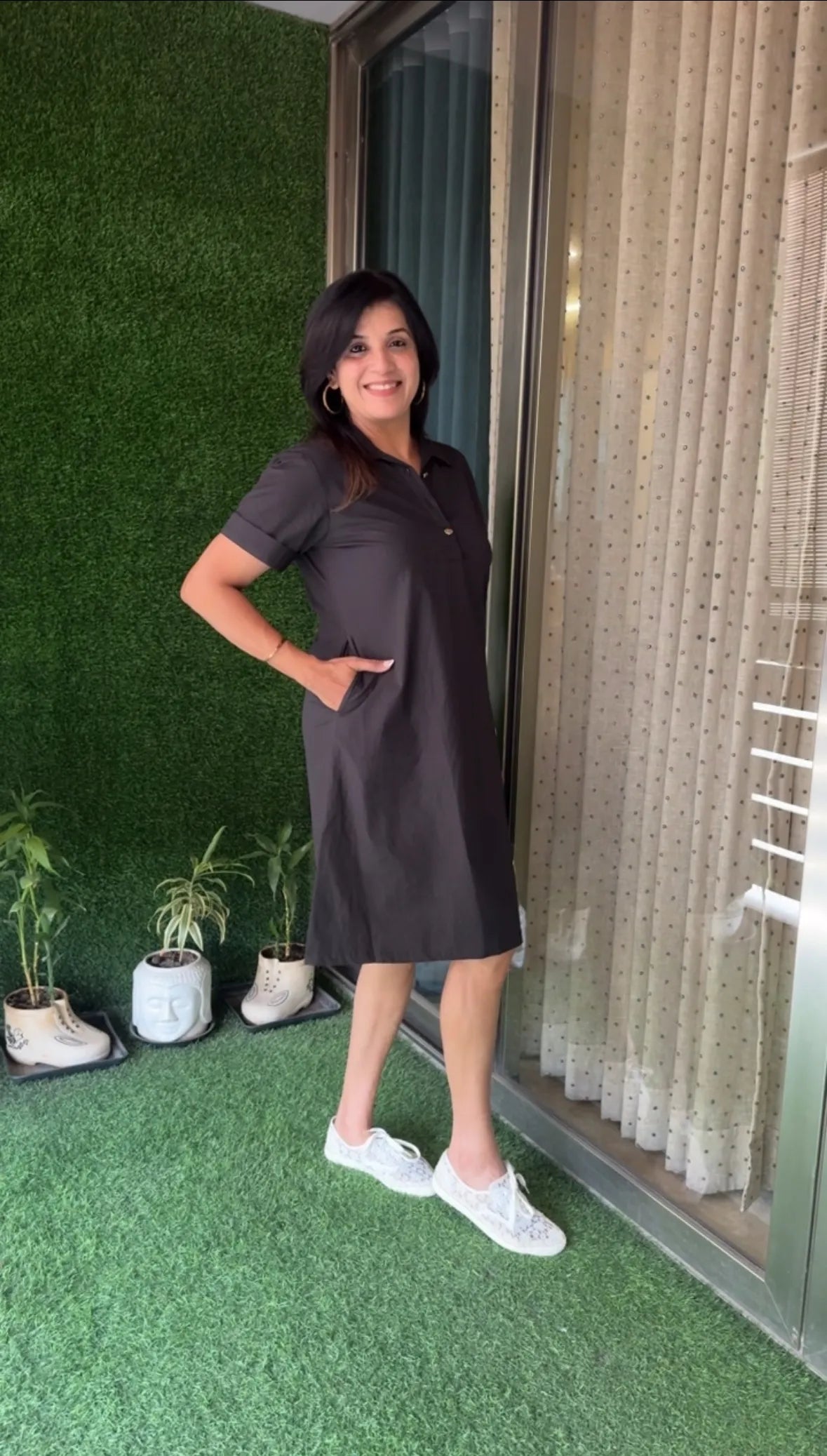 Jet Black Collar Neck Solid One-Piece Dress | Poplin Cotton Casual Wear