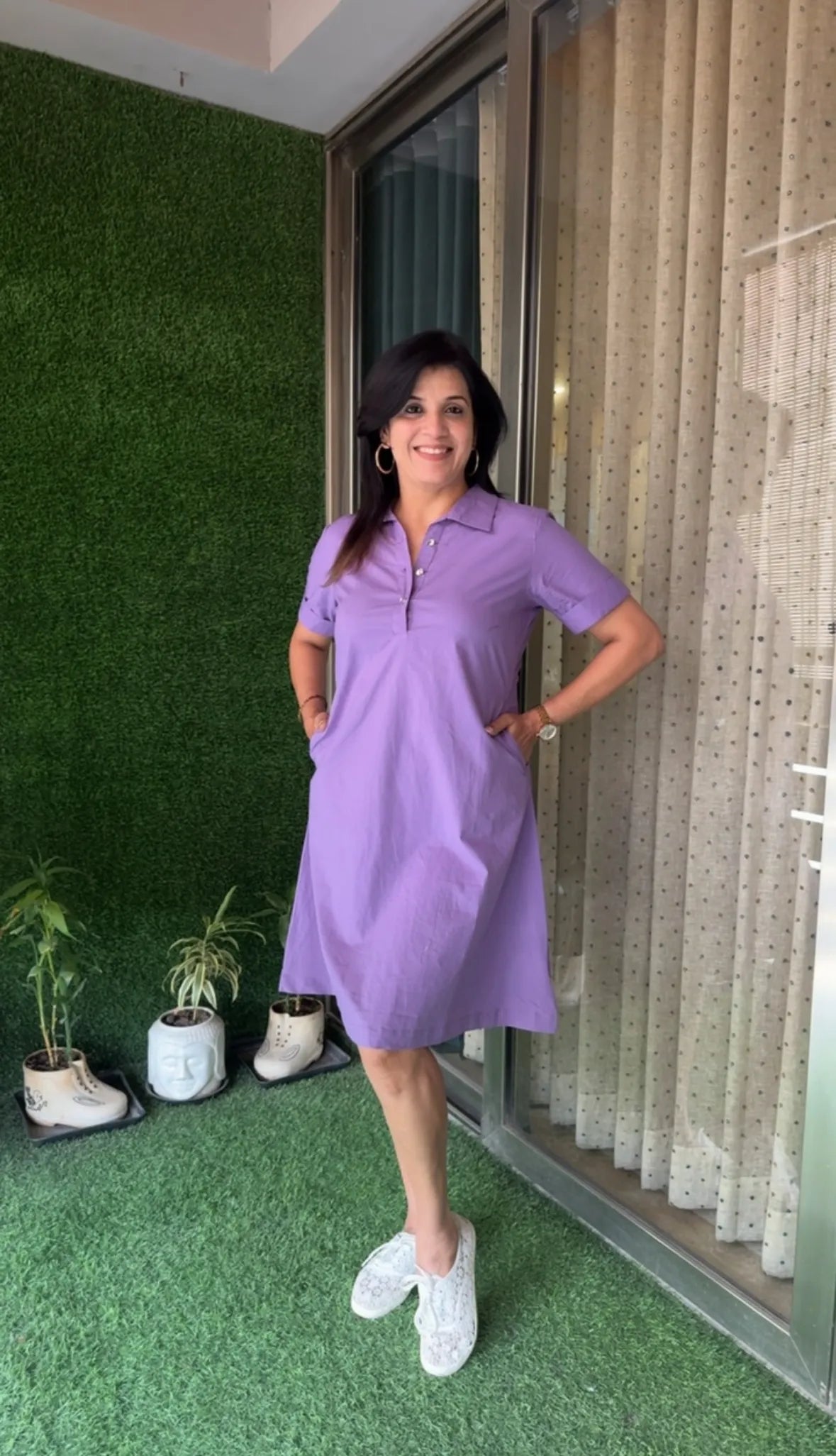 Violet Amethyst Collar Neck Solid One-Piece Dress | Poplin Cotton Casual Wear