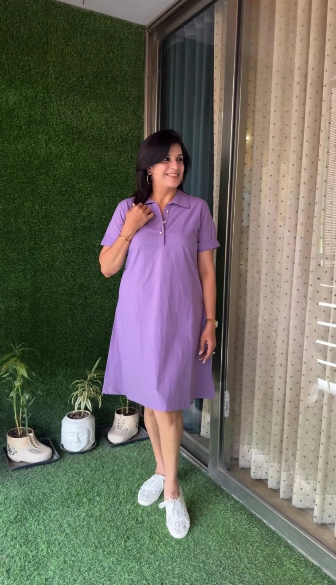 Violet Amethyst Collar Neck Solid One-Piece Dress | Poplin Cotton Casual Wear