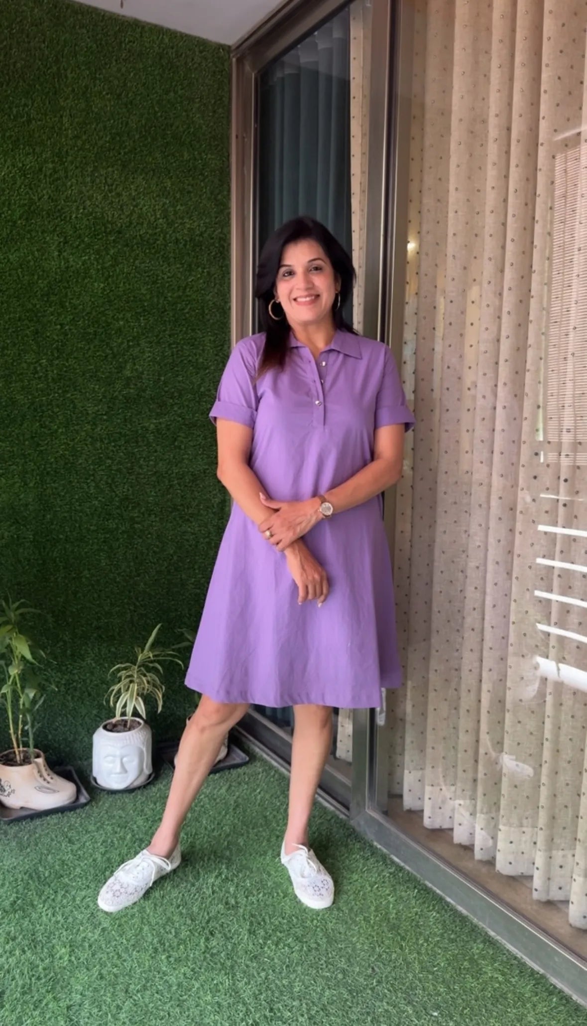 Violet Amethyst Collar Neck Solid One-Piece Dress | Poplin Cotton Casual Wear