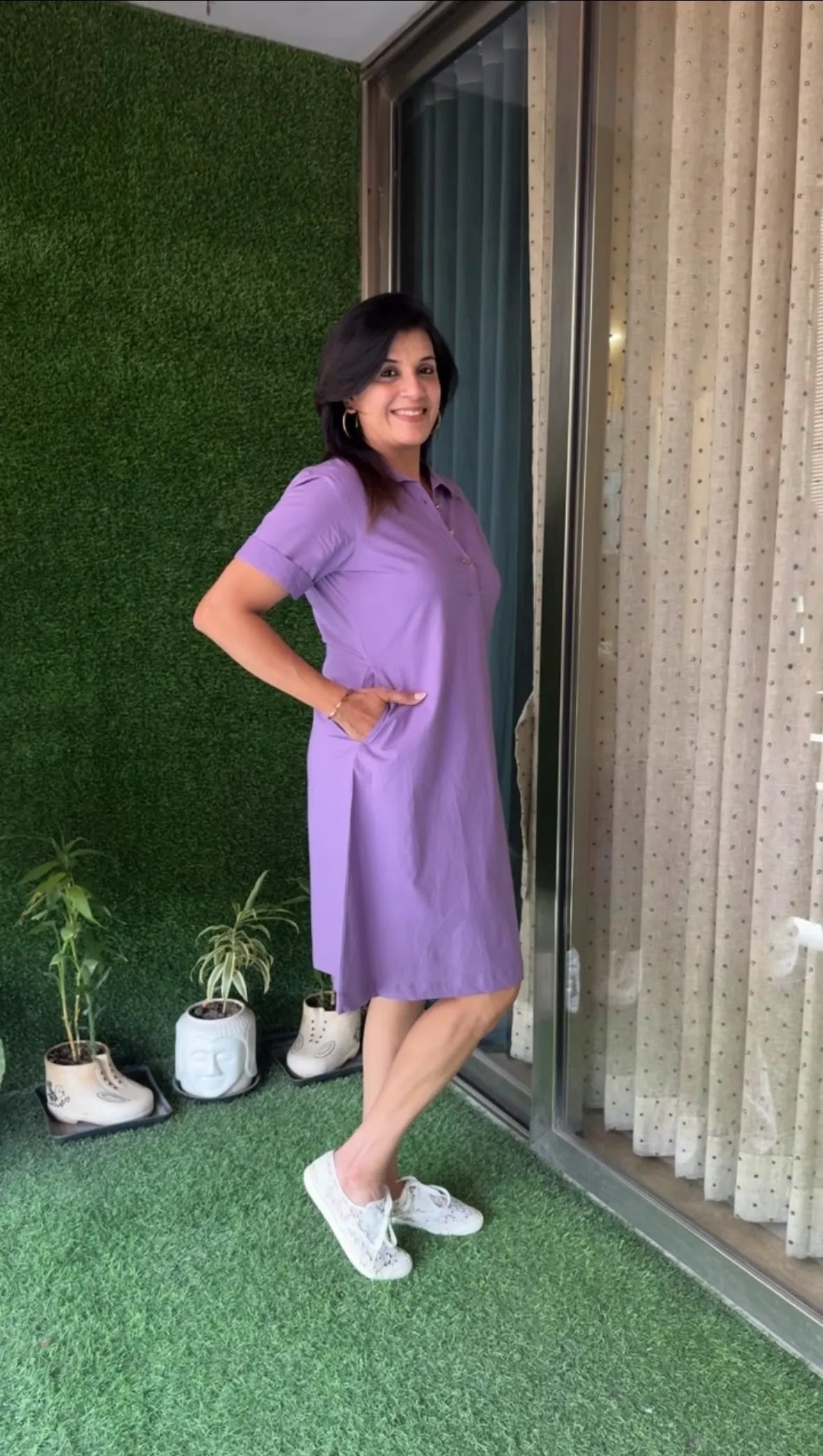 Violet Amethyst Collar Neck Solid One-Piece Dress | Poplin Cotton Casual Wear