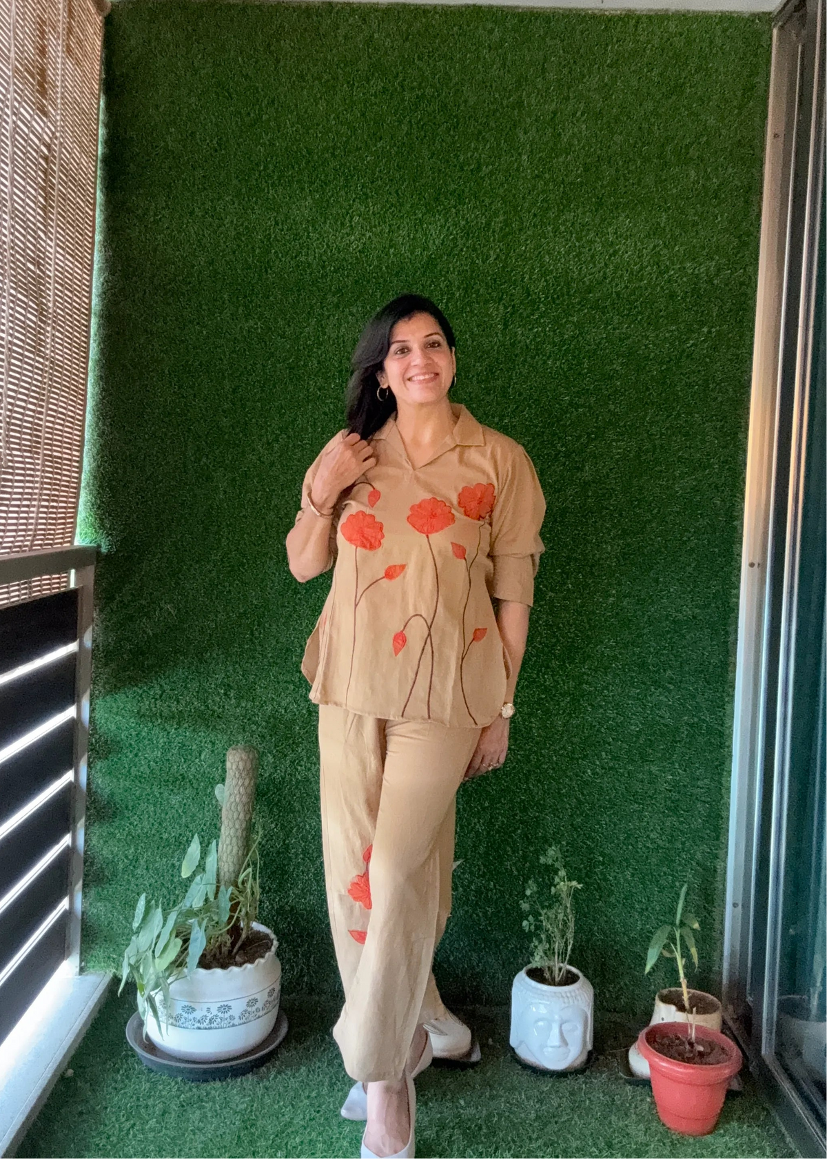 Dark Beige - Floral Appliqué work - Co-Ord Set | Flex Cotton