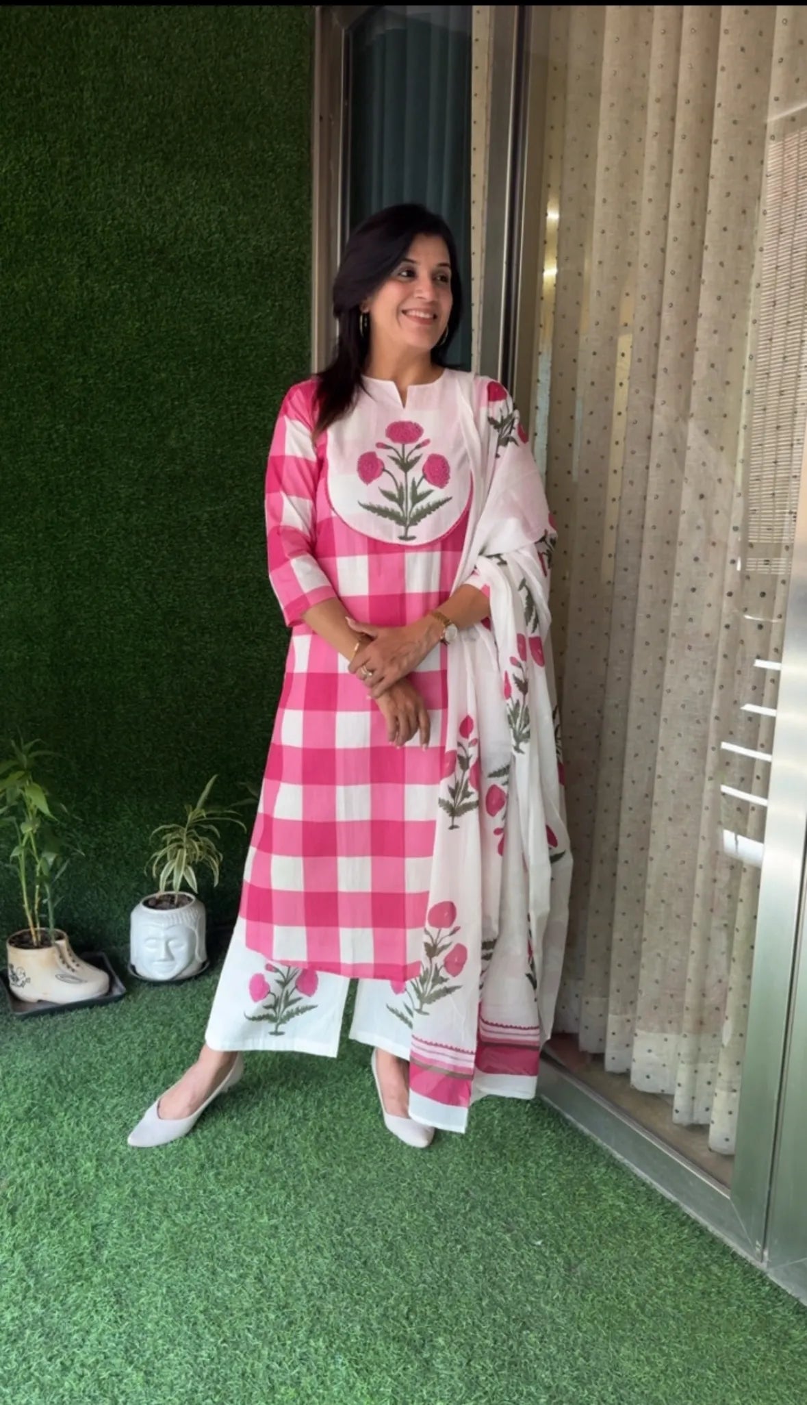 Pink & White Cotton Kurti Palazzo Set with Dupatta | Floral & Check Block Print Ethnic Wear