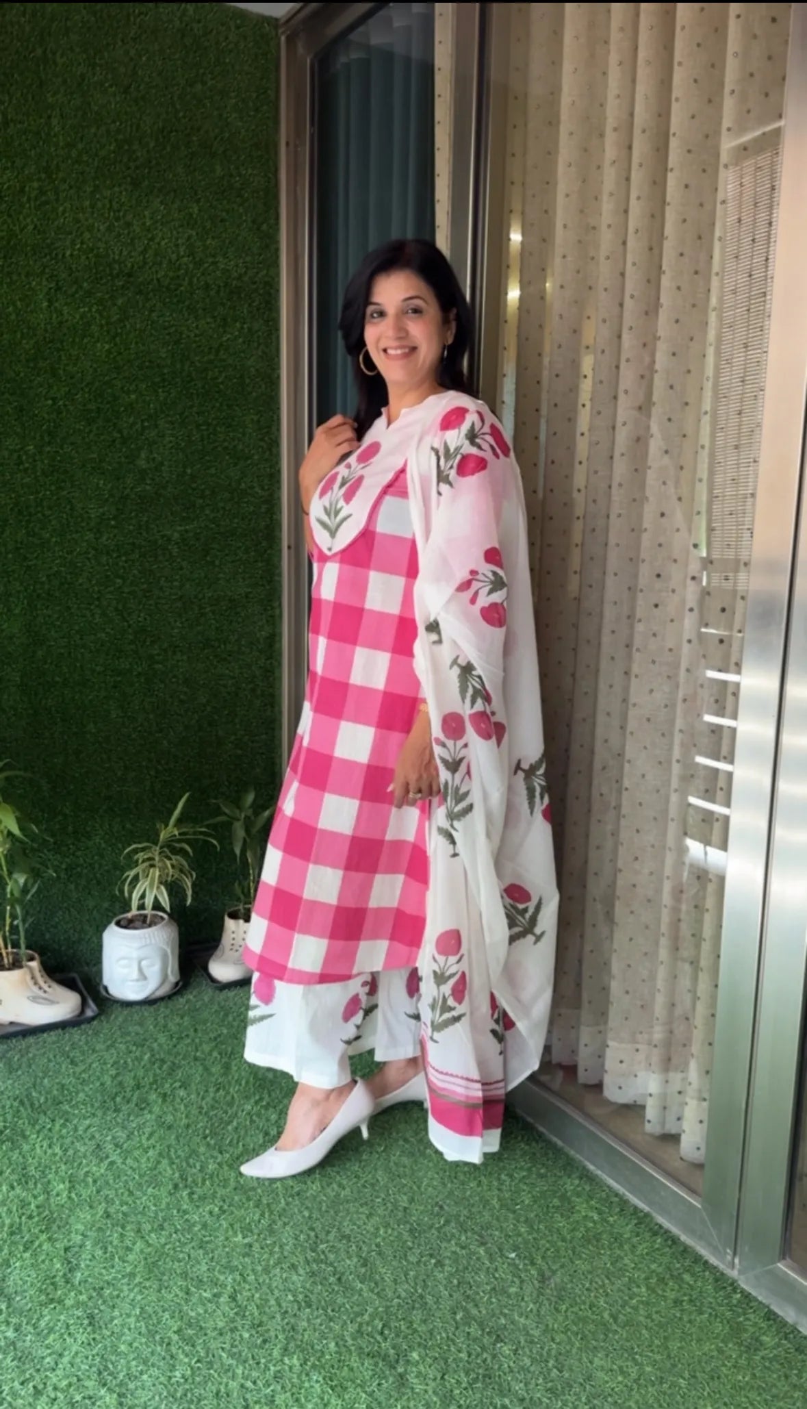 Pink & White Cotton Kurti Palazzo Set with Dupatta | Floral & Check Block Print Ethnic Wear