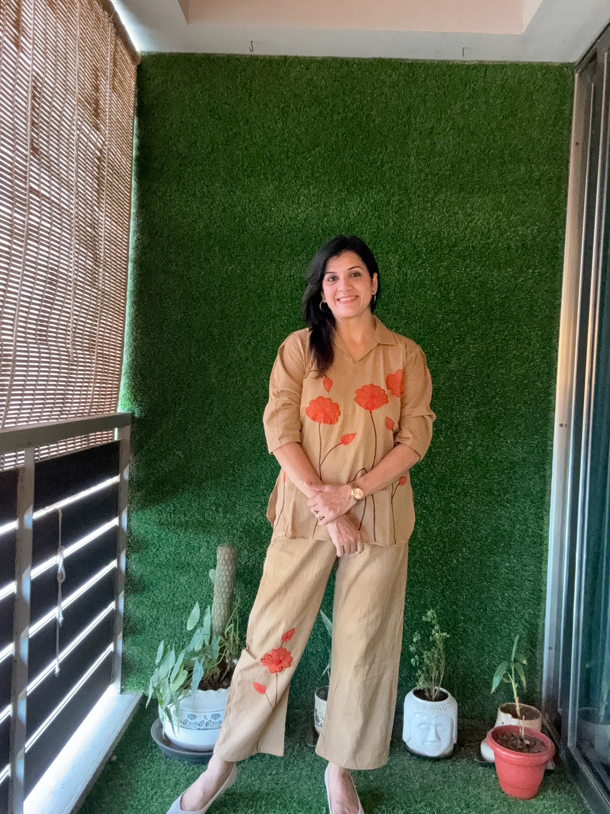 Dark Beige - Floral Appliqué work - Co-Ord Set | Flex Cotton