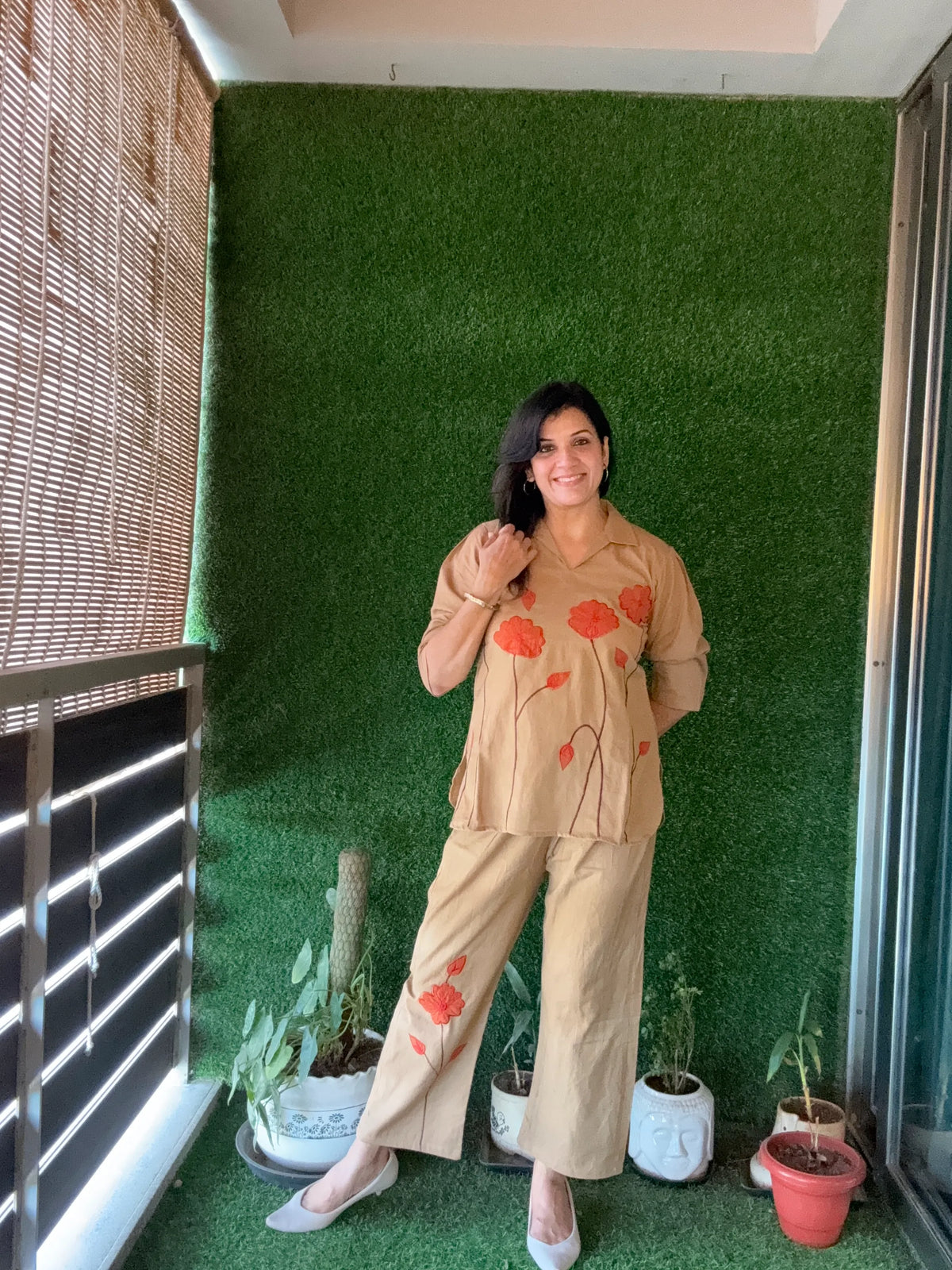 Dark Beige - Floral Appliqué work - Co-Ord Set | Flex Cotton