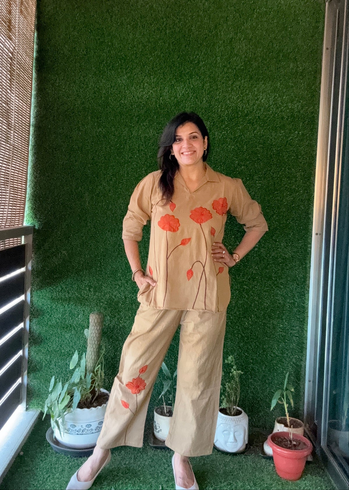 Dark Beige - Floral Appliqué work - Co-Ord Set | Flex Cotton