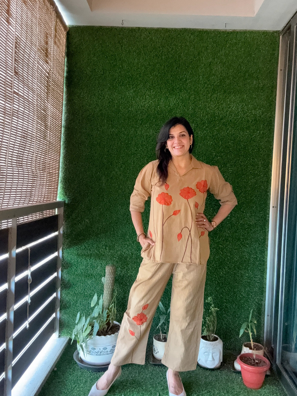 Dark Beige - Floral Appliqué work - Co-Ord Set | Flex Cotton