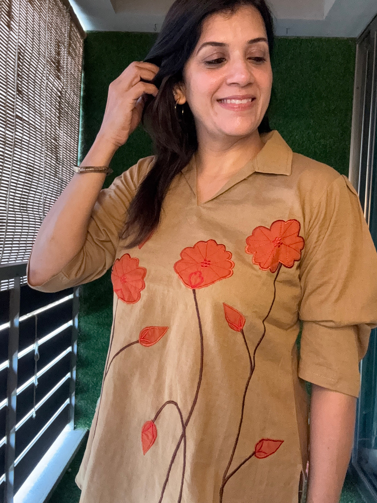 Dark Beige - Floral Appliqué work - Co-Ord Set | Flex Cotton