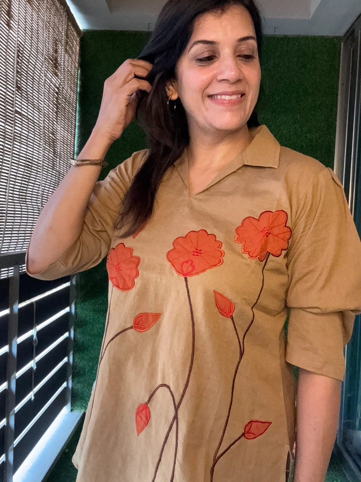 Dark Beige - Floral Appliqué work - Co-Ord Set | Flex Cotton