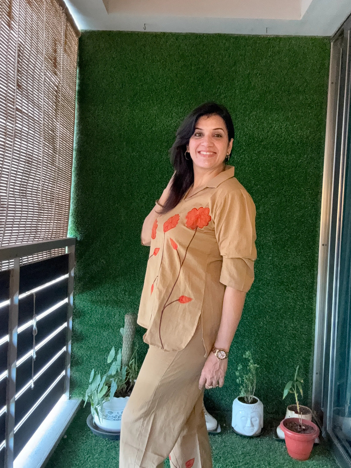 Dark Beige - Floral Appliqué work - Co-Ord Set | Flex Cotton