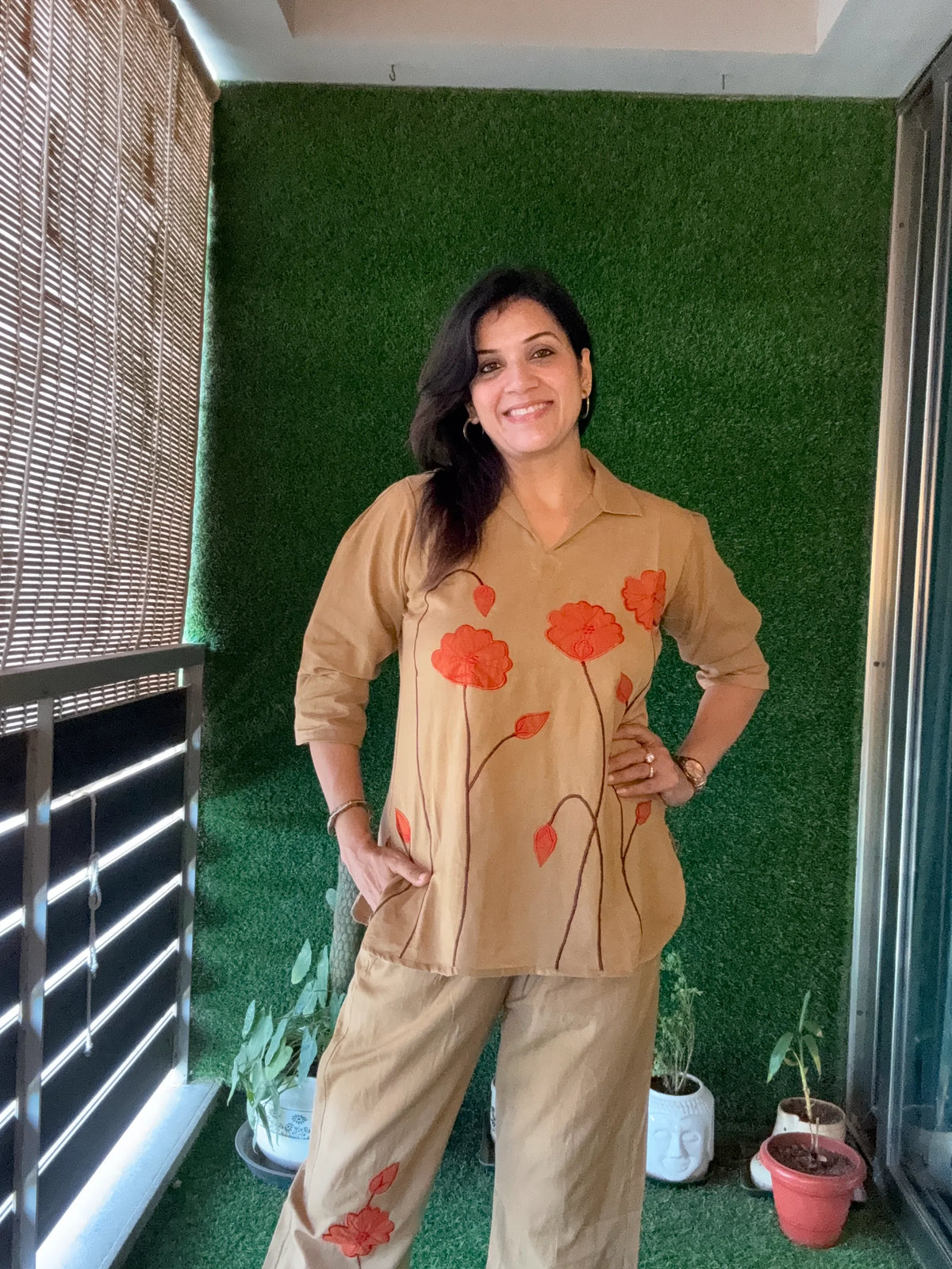 Dark Beige - Floral Appliqué work - Co-Ord Set | Flex Cotton
