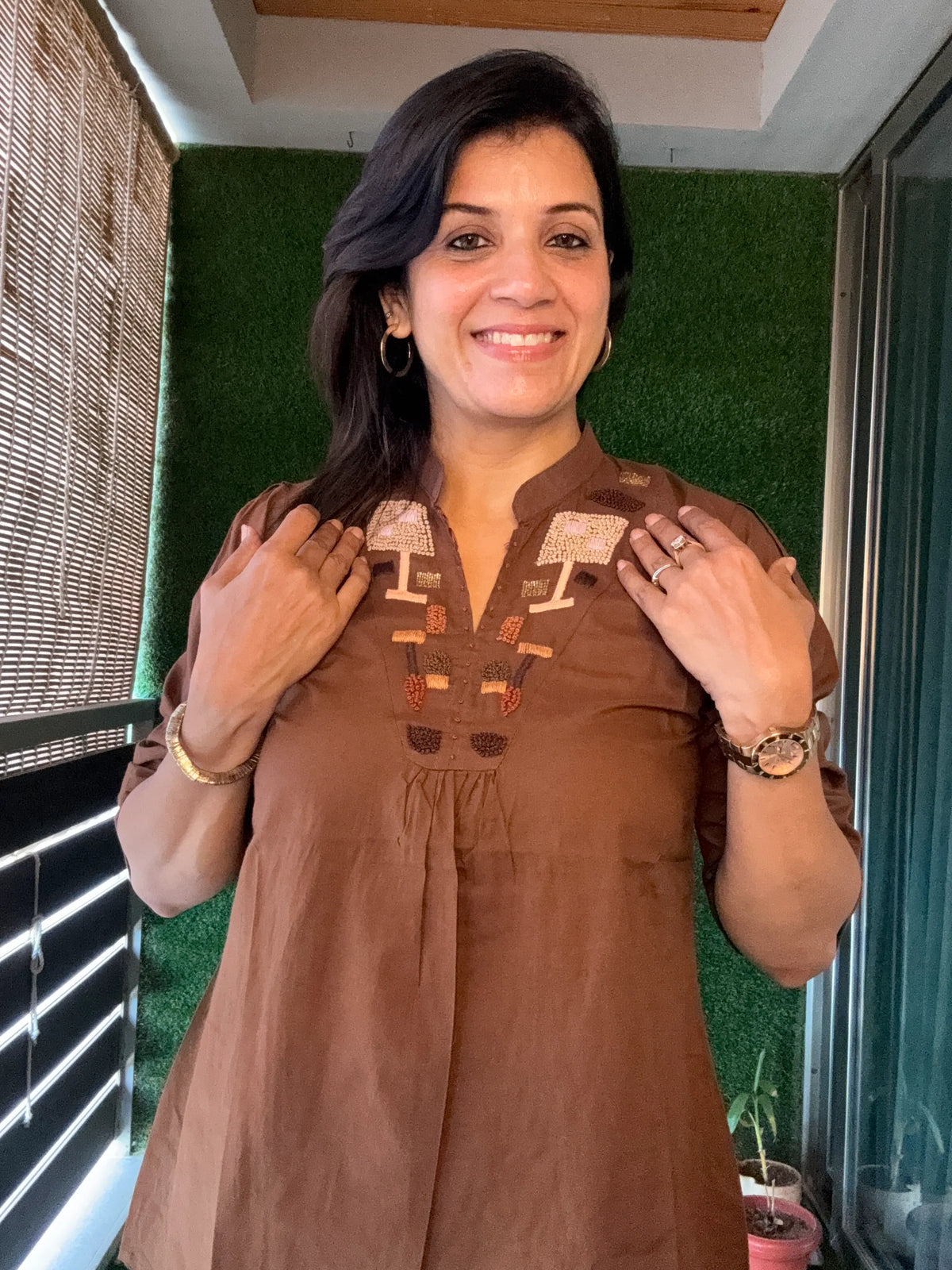 Dark Brown Yoke Thread Embroidery Co-Ord Set | Soft Cotton