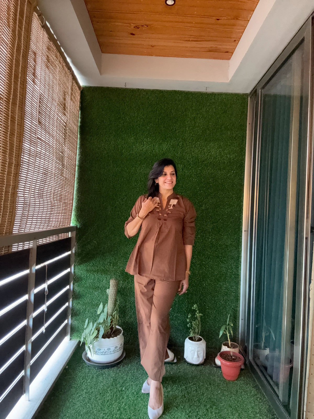 Dark Brown Yoke Thread Embroidery Co-Ord Set | Soft Cotton
