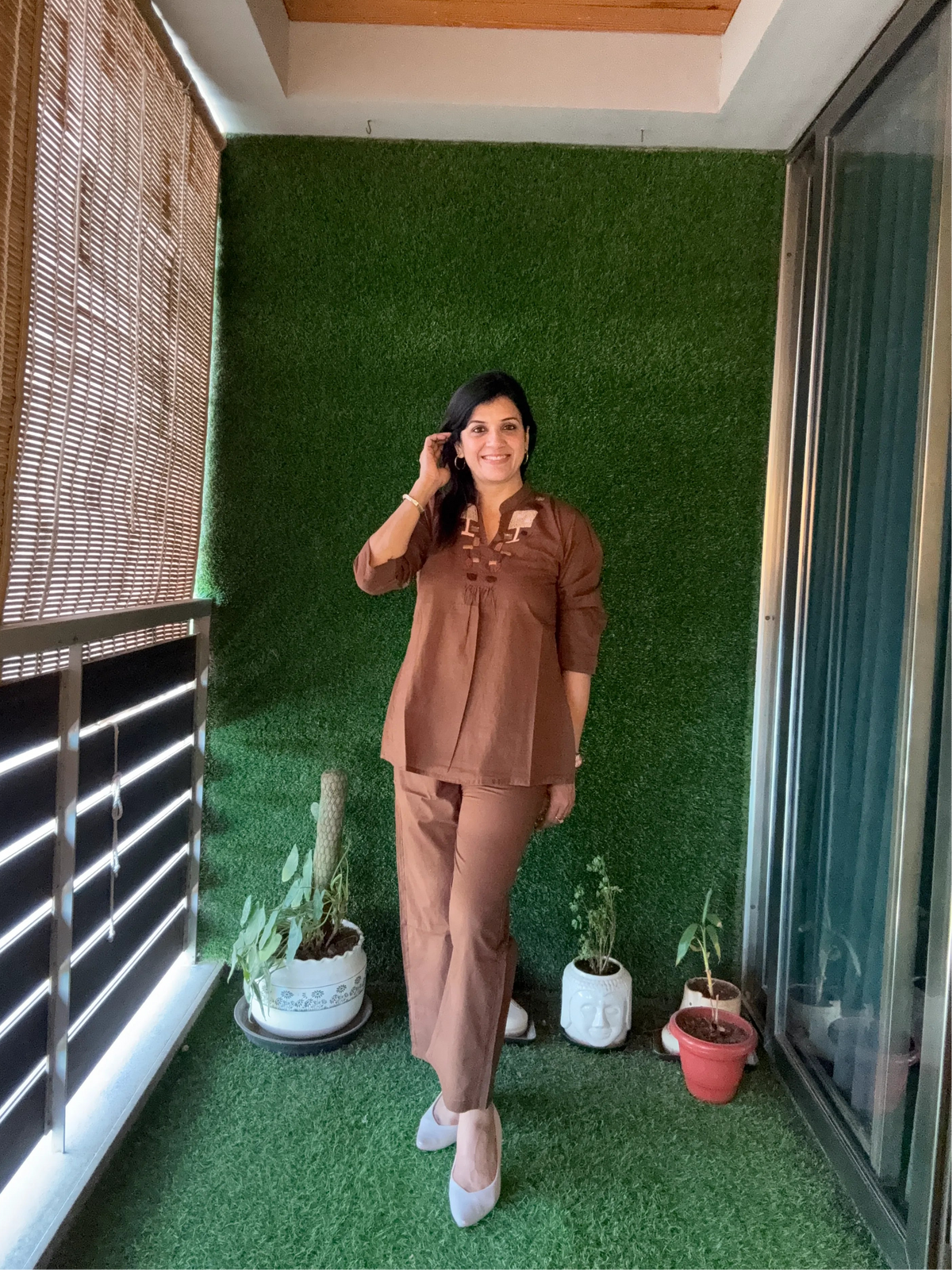 Dark Brown Yoke Thread Embroidery Co-Ord Set | Soft Cotton