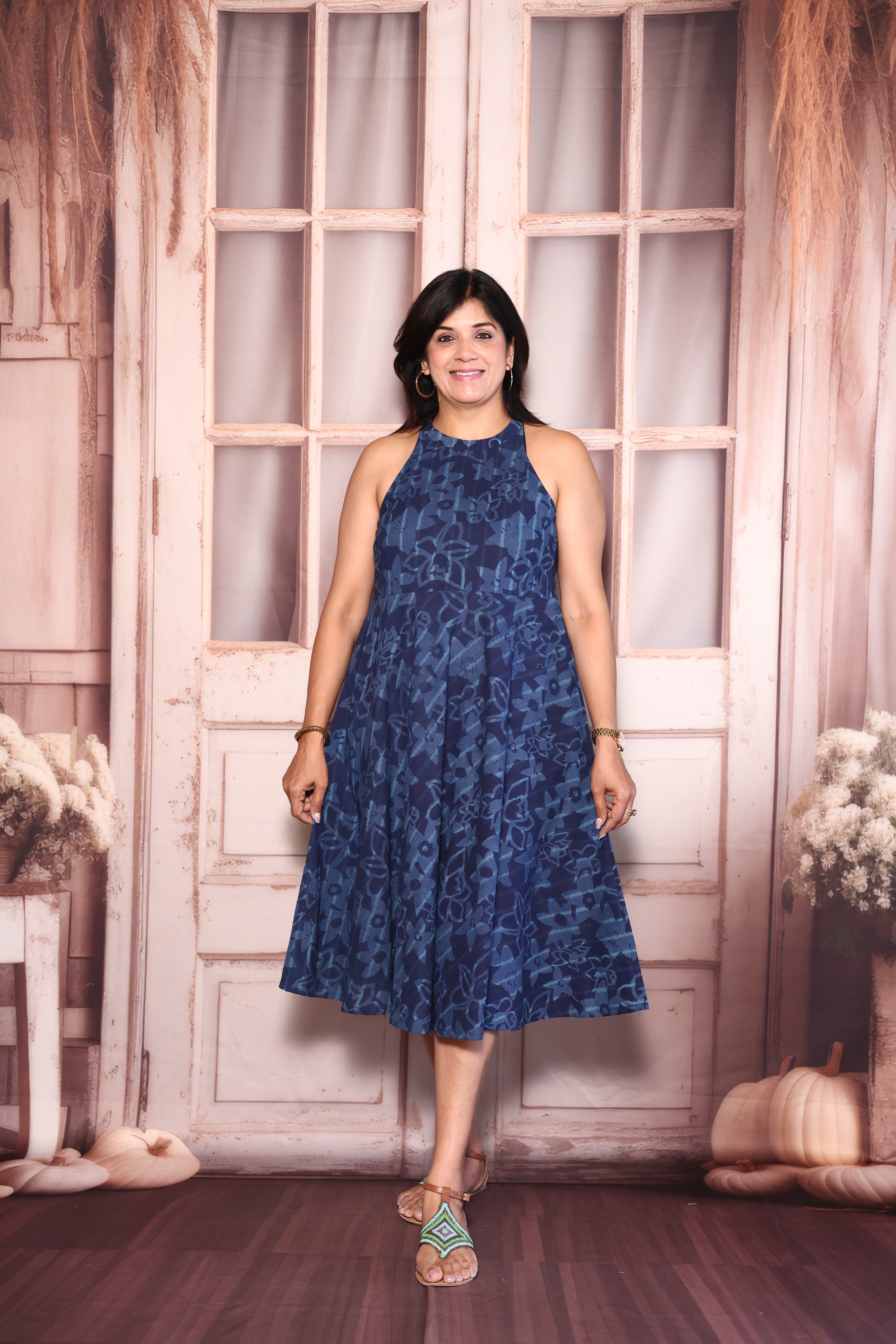 Blue Digital Print Halter Neck One Piece Dress | Cotton Summer Wear