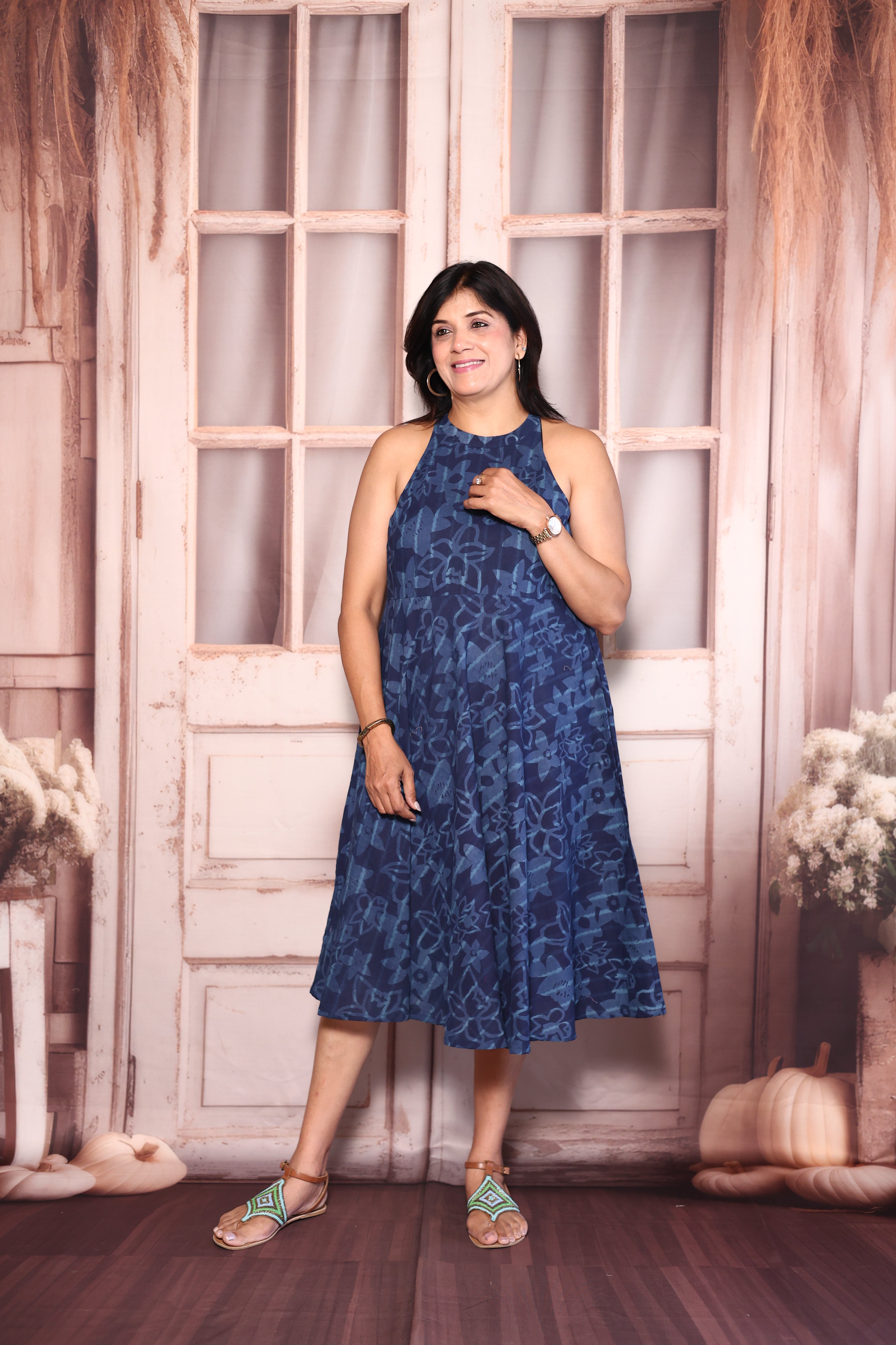 Blue Digital Print Halter Neck One Piece Dress | Cotton Summer Wear