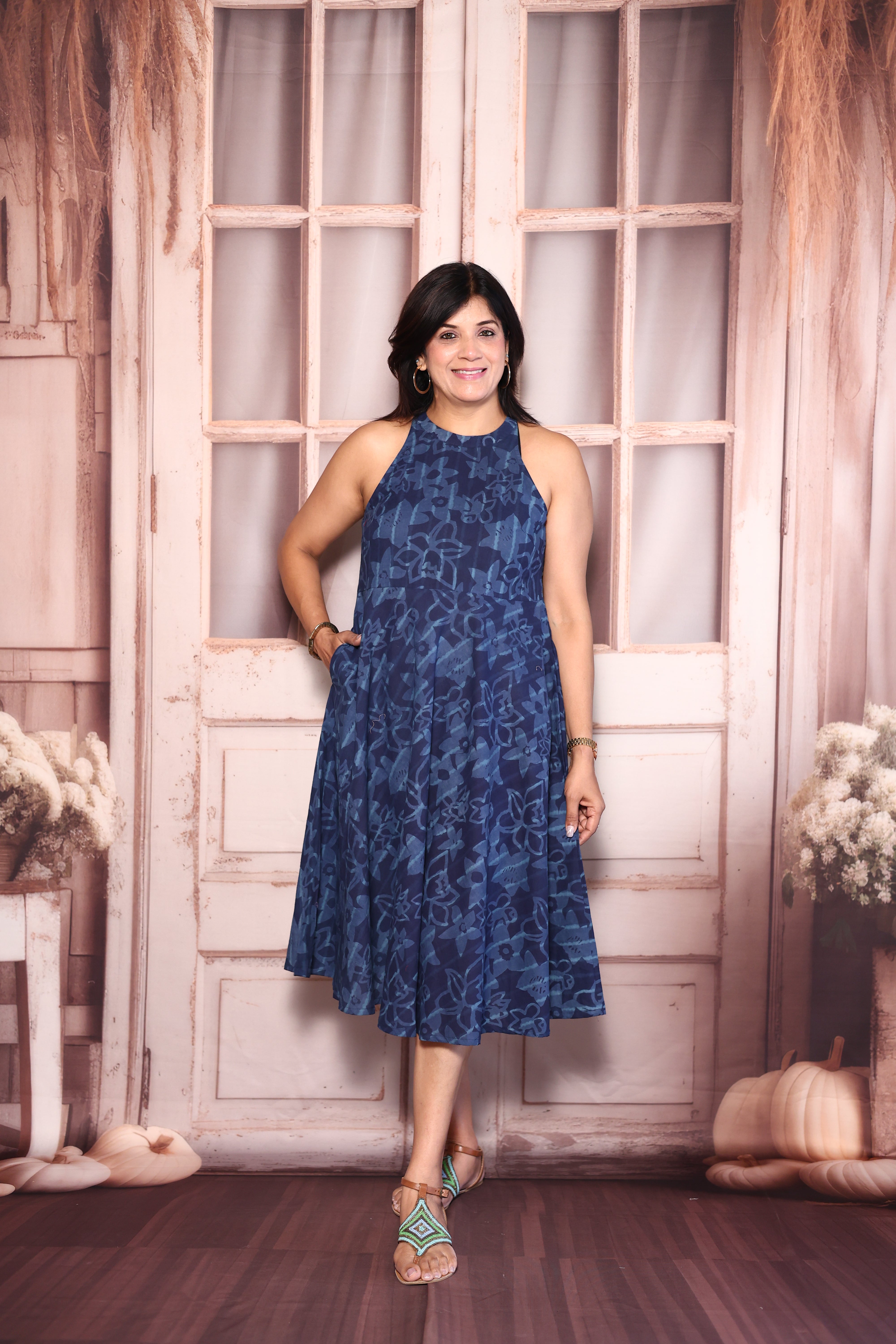 Blue Digital Print Halter Neck One Piece Dress | Cotton Summer Wear