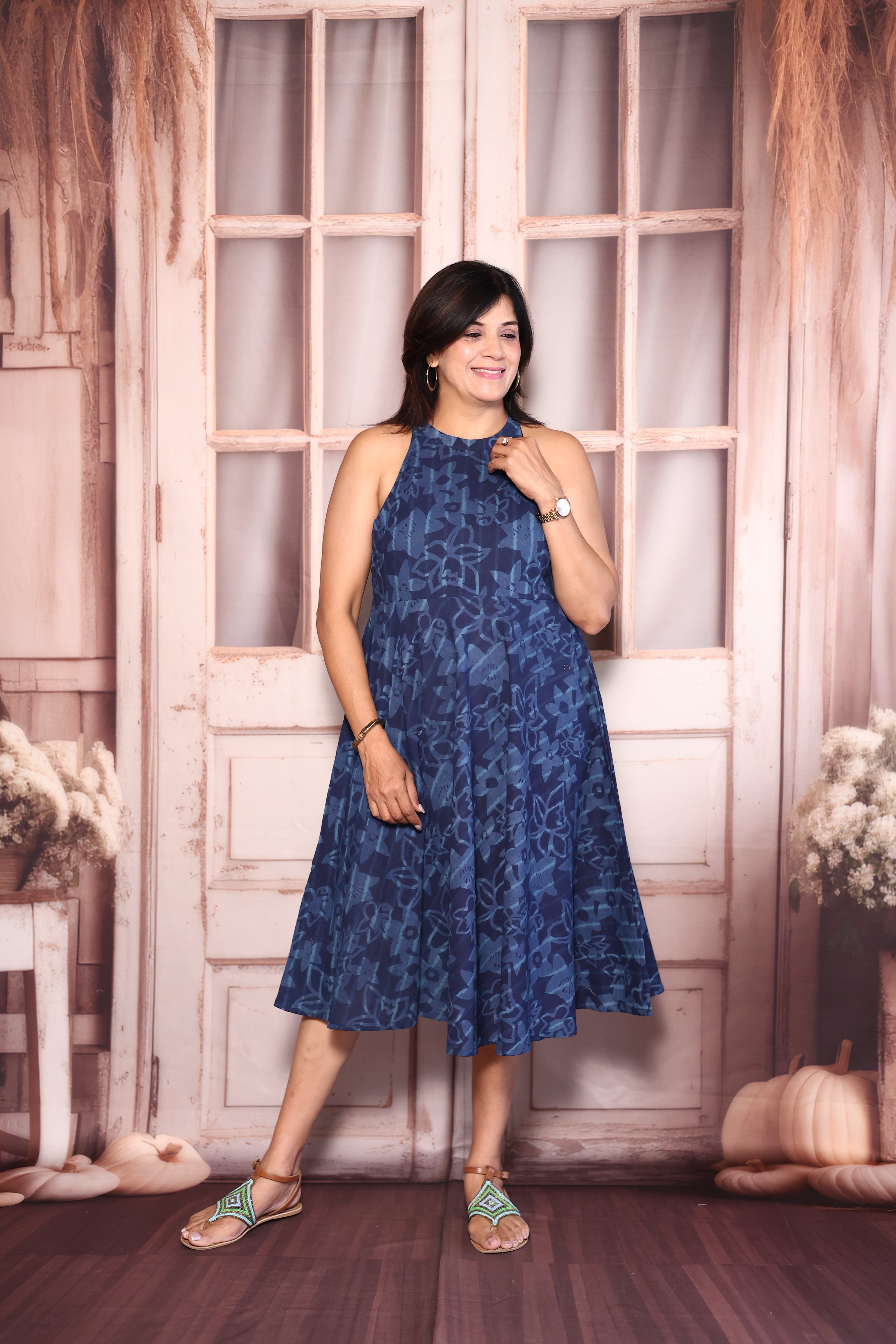 Blue Digital Print Halter Neck One Piece Dress | Cotton Summer Wear