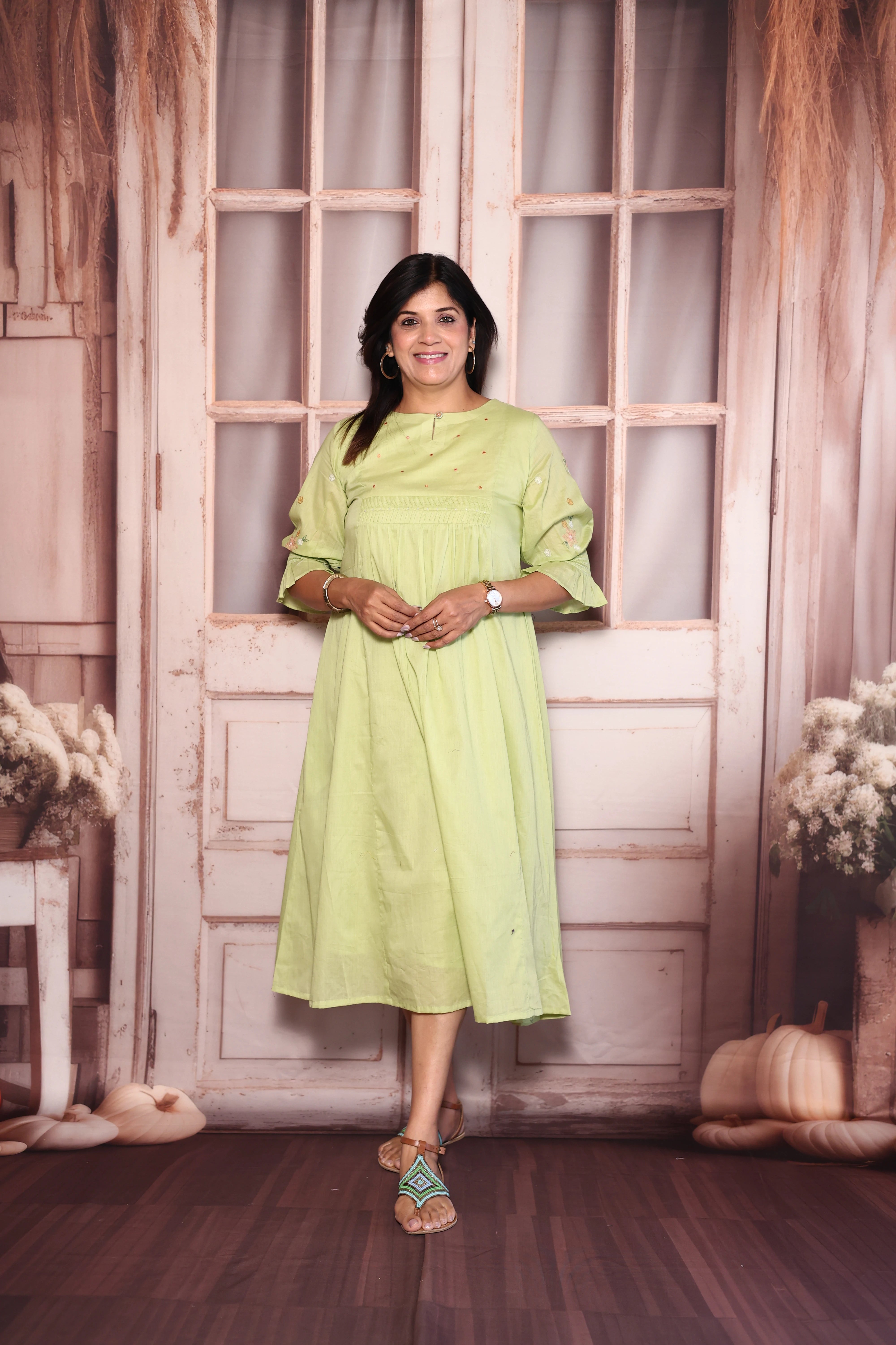 Light Green Pearl & Thread Embroidered One Piece Dress | Pure Mul Mul Elegance