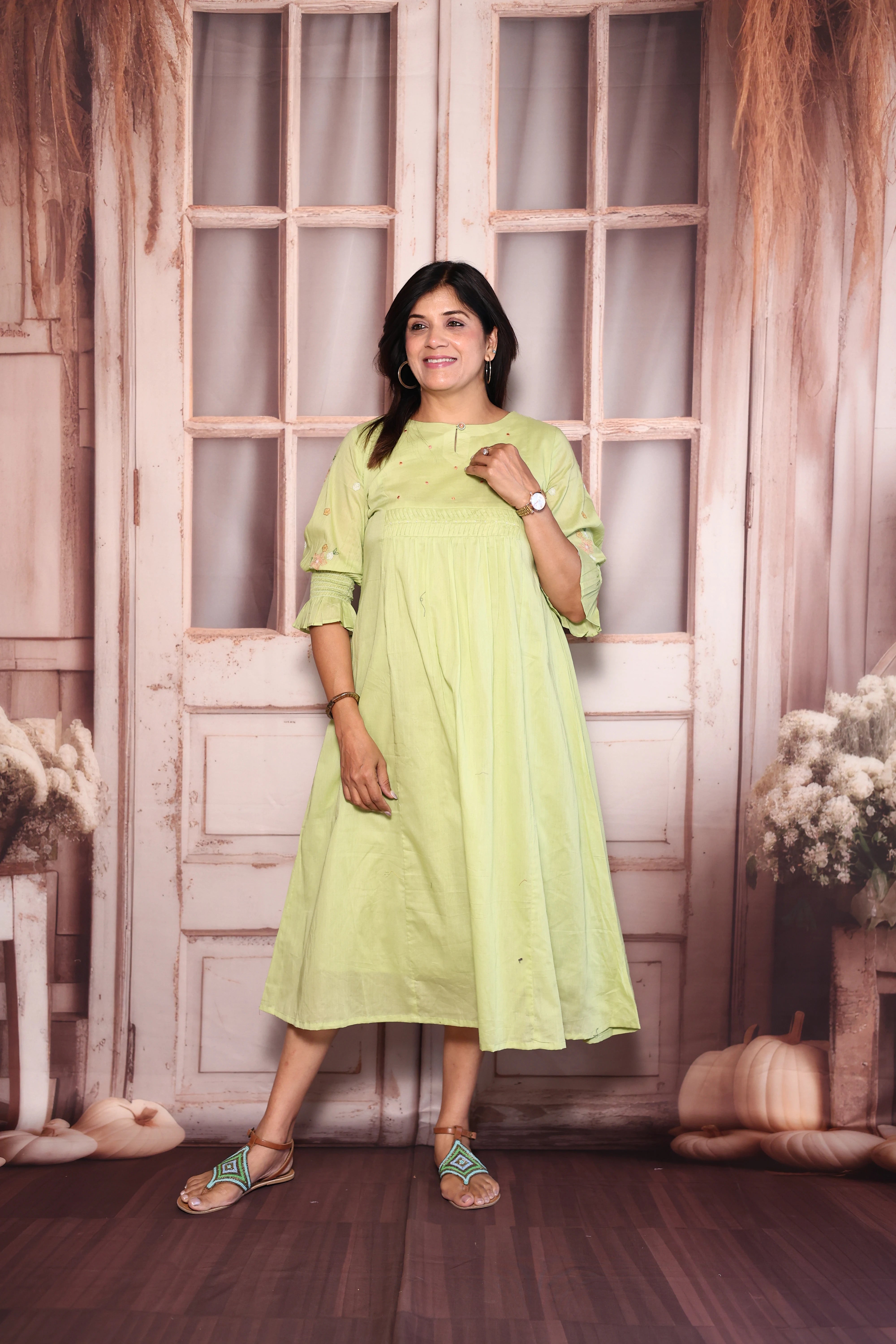Light Green Pearl & Thread Embroidered One Piece Dress | Pure Mul Mul Elegance