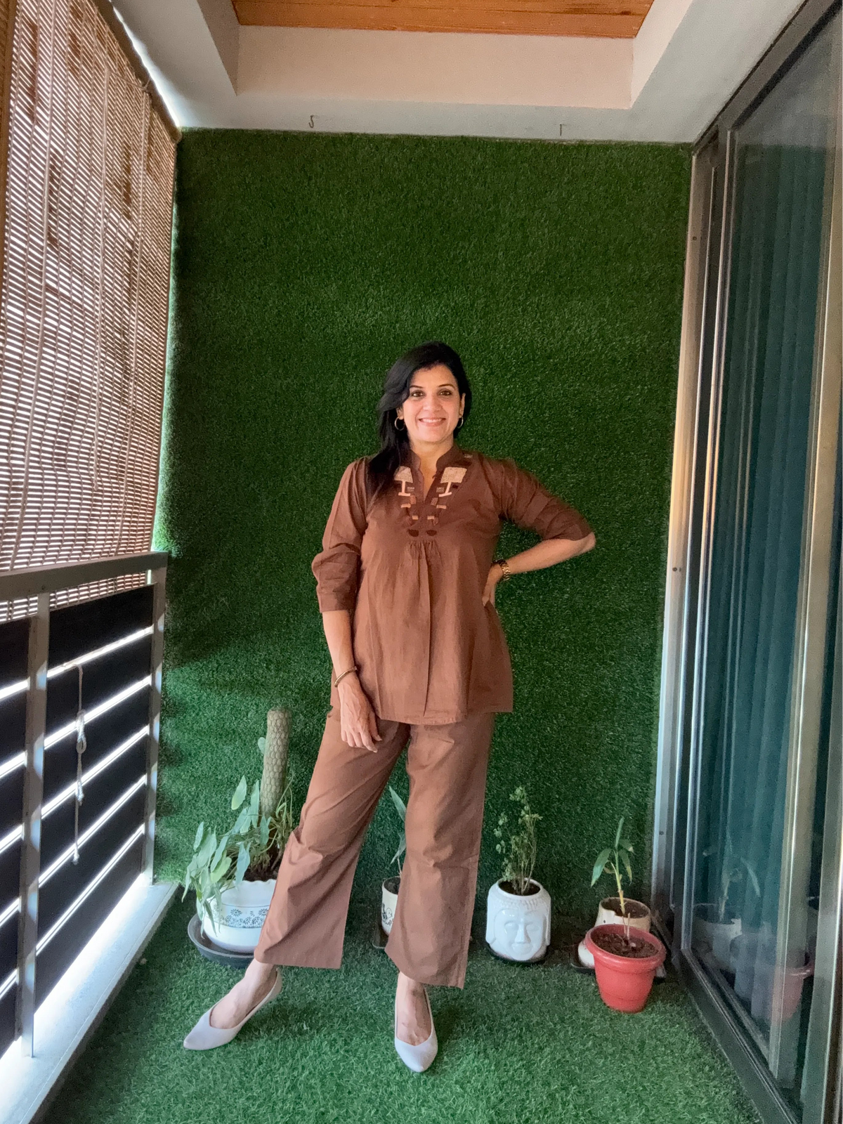 Dark Brown Yoke Thread Embroidery Co-Ord Set | Soft Cotton