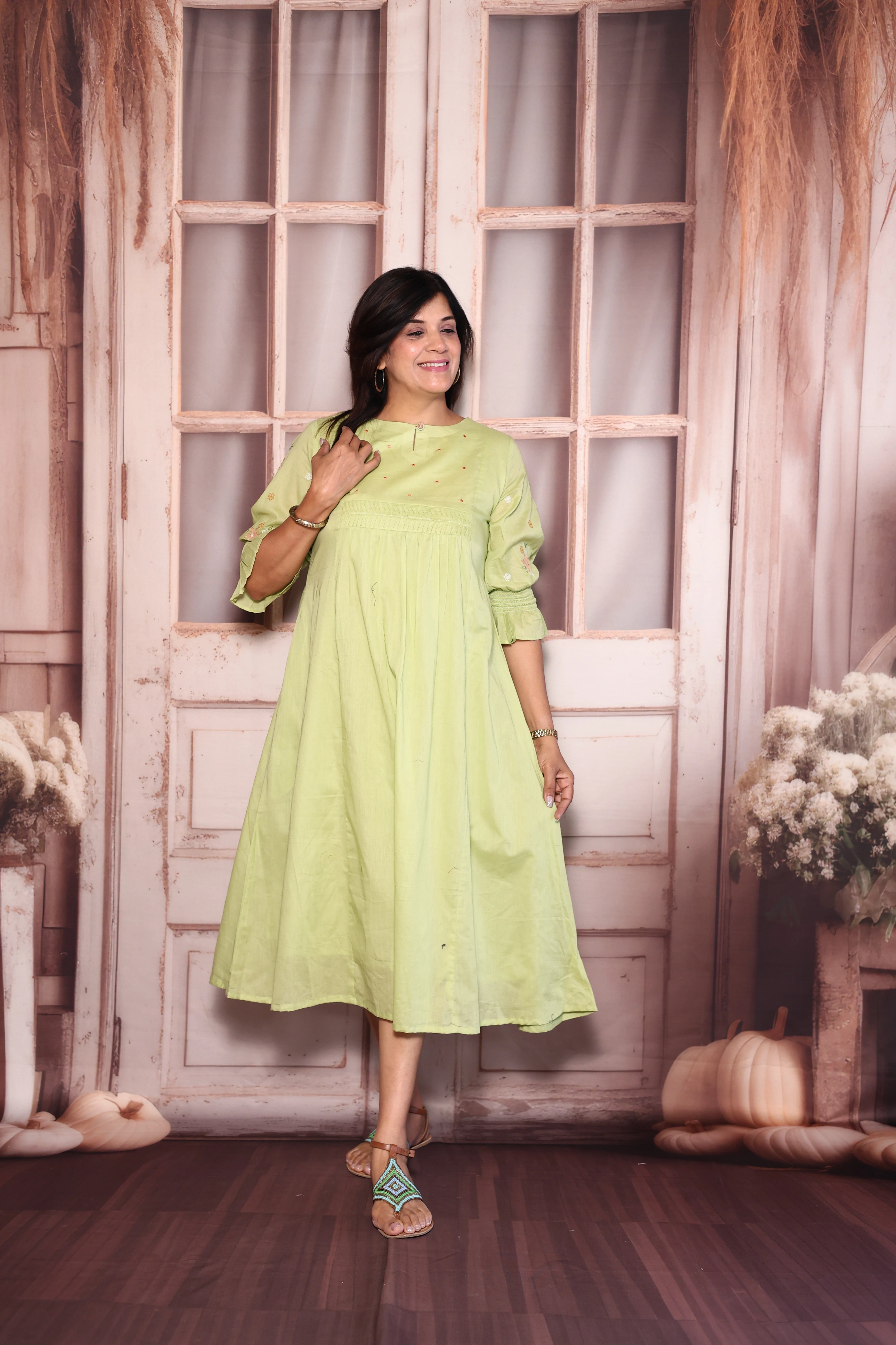 Light Green Pearl & Thread Embroidered One Piece Dress | Pure Mul Mul Elegance