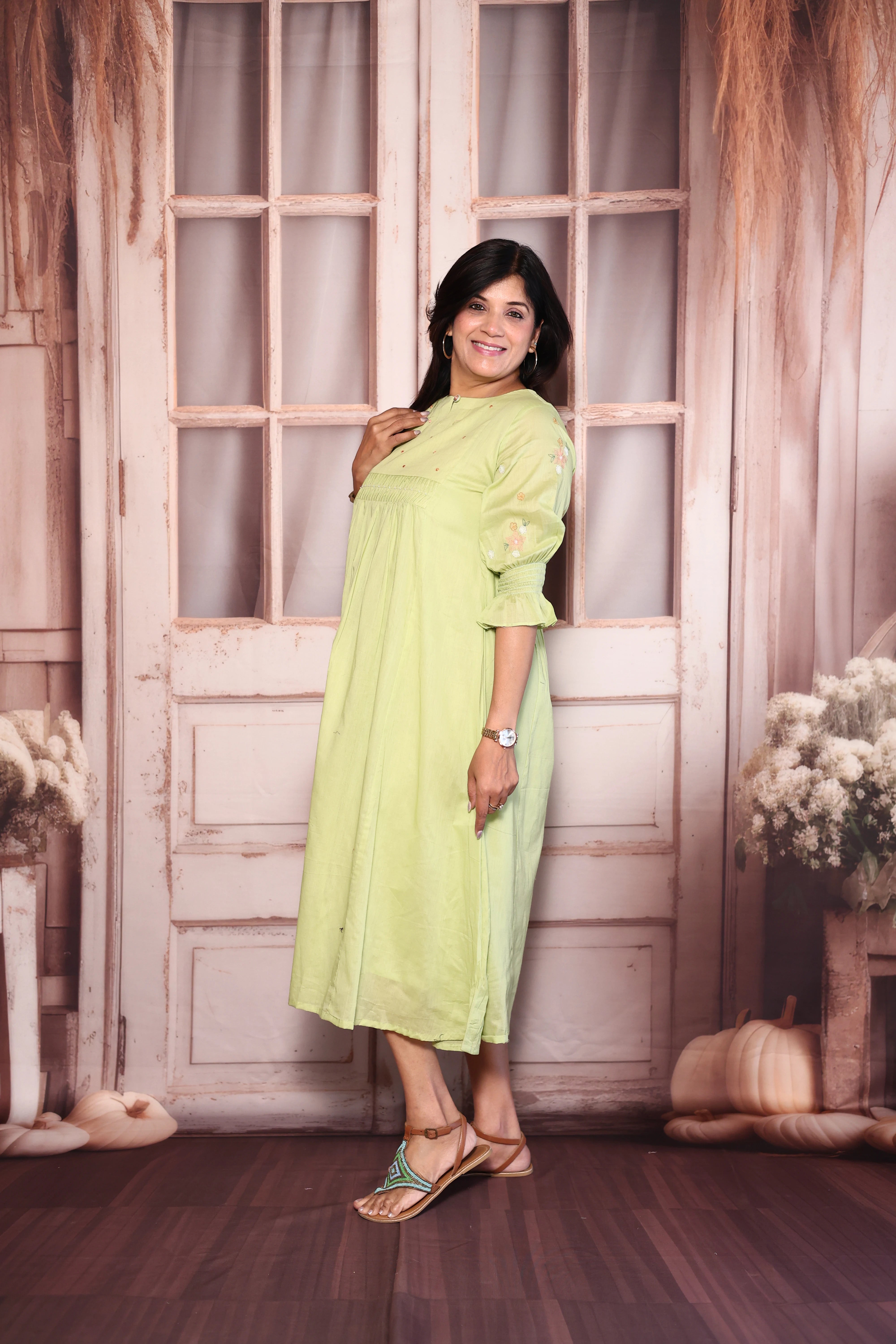 Light Green Pearl & Thread Embroidered One Piece Dress | Pure Mul Mul Elegance