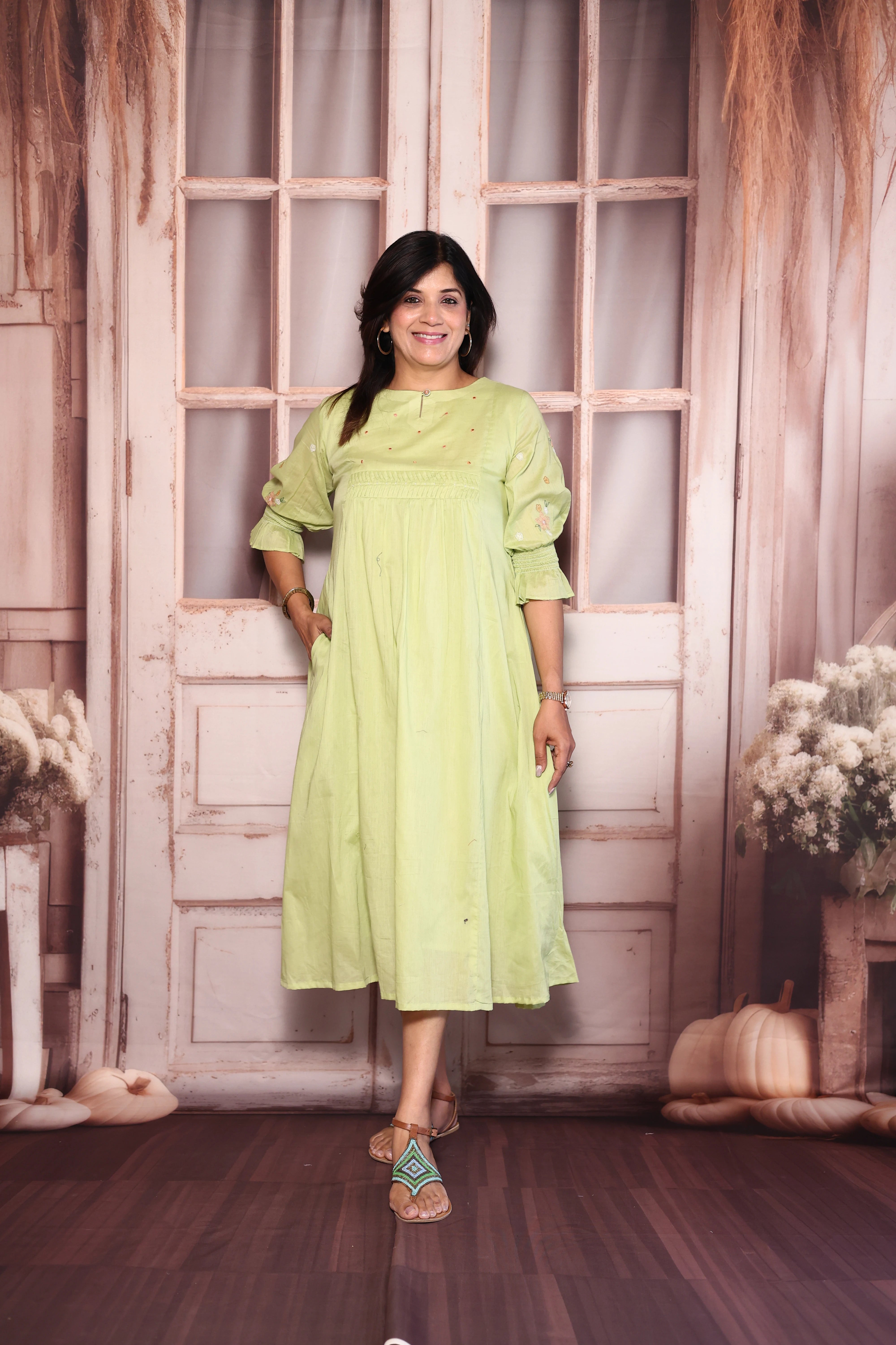Light Green Pearl & Thread Embroidered One Piece Dress | Pure Mul Mul Elegance